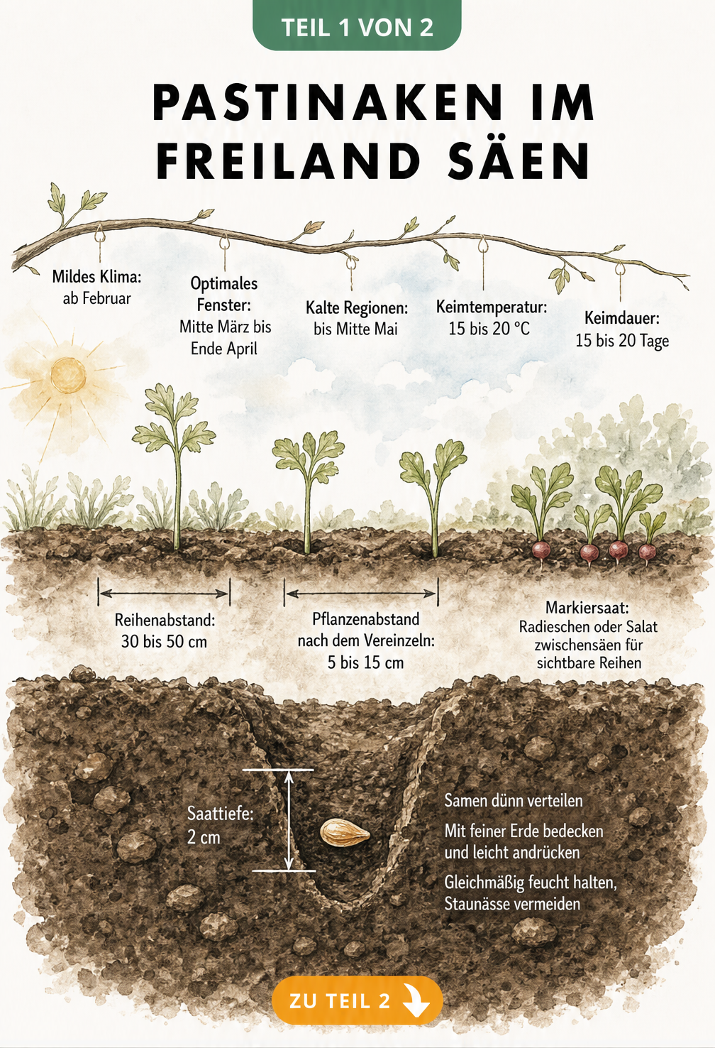 Illustration eines Gartenbeets mit Zeitstrahl zur Aussaat von Pastinaken, Keimlingen und Samen im Erdquerschnitt
