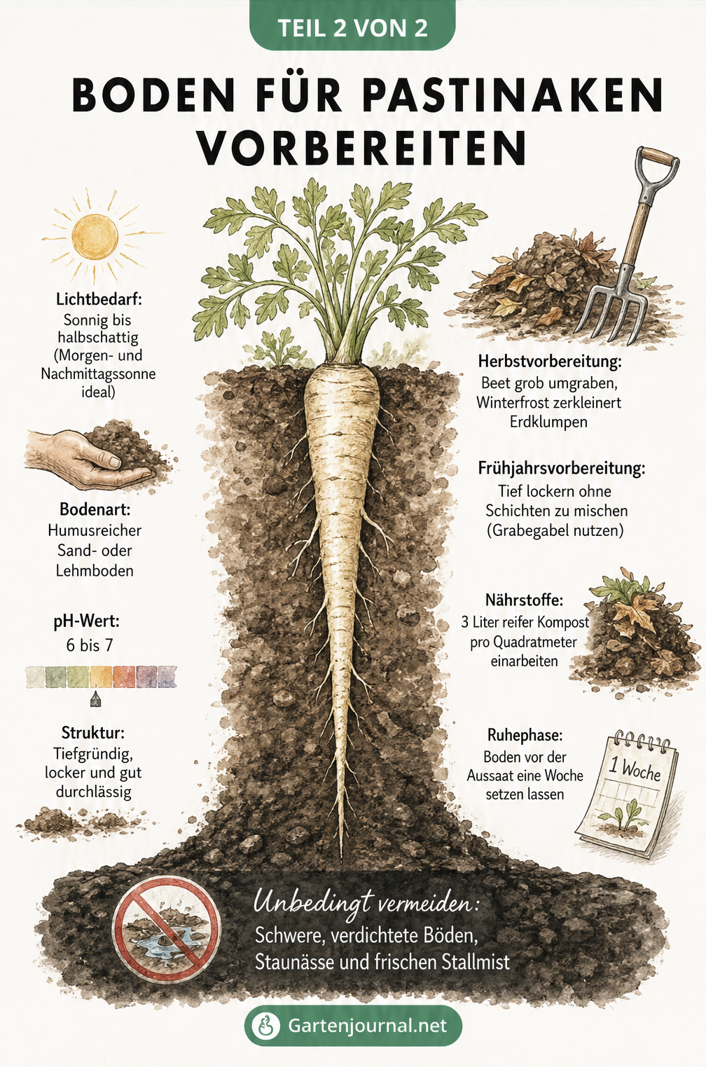 Illustration einer ausgewachsenen Pastinake im Erdquerschnitt mit Tipps zur Bodenvorbereitung und Standortwahl