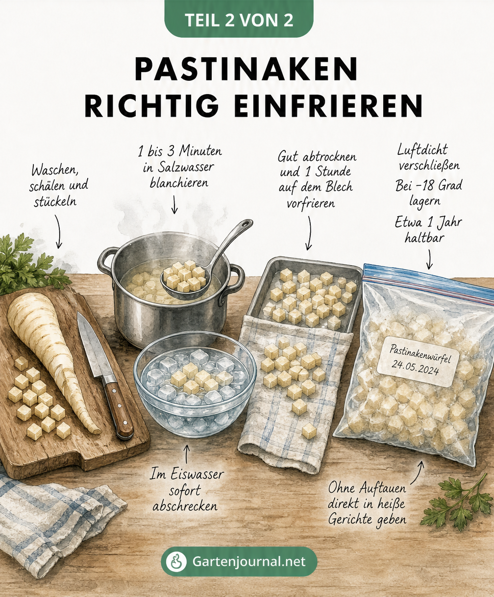 Illustration der Schritte zum Einfrieren von Pastinaken: Waschen, Blanchieren, Abtrocknen und Verpacken