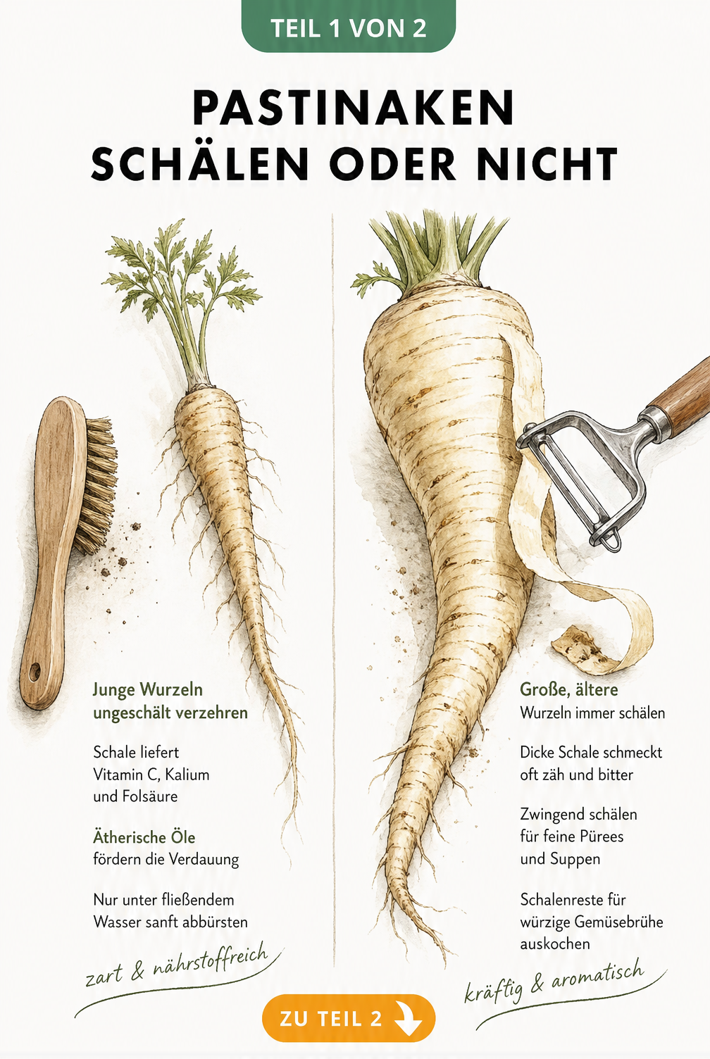 Illustration einer jungen, ungeschälten Pastinake neben einer Gemüsebürste und einer großen Pastinake, die mit einem Sparschäler geschält wird.