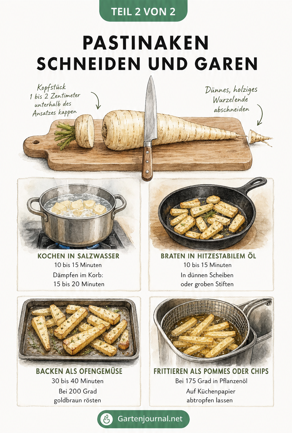 Illustration einer Pastinake auf einem Holzbrett, bei der Kopf und Ende abgeschnitten werden, sowie vier Kacheln mit Garmethoden: Kochen, Braten, Backen und...