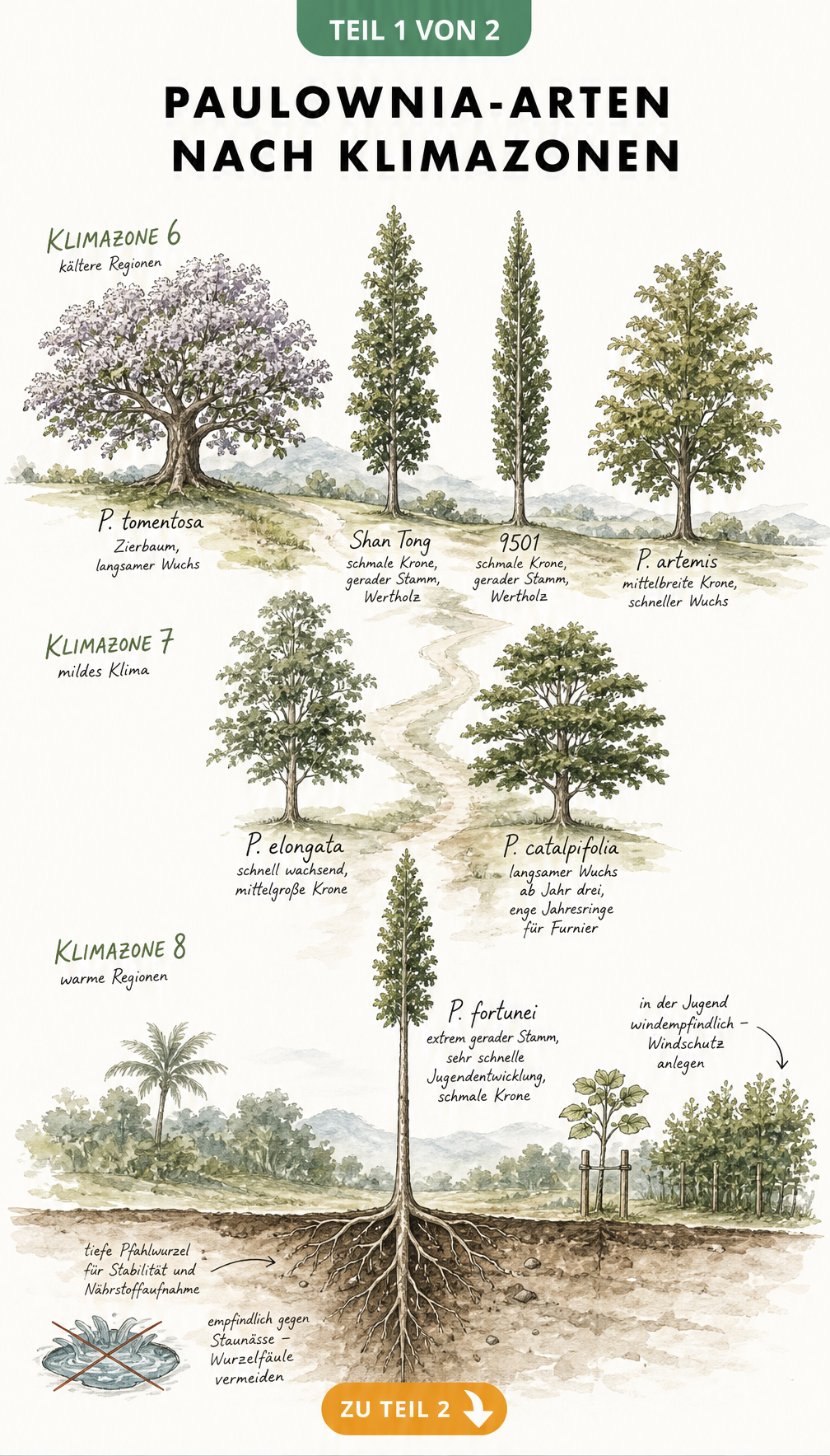 Botanische Illustration verschiedener Paulownia-Arten nach Klimazonen sortiert, mit Wuchsformen und Wurzelstruktur