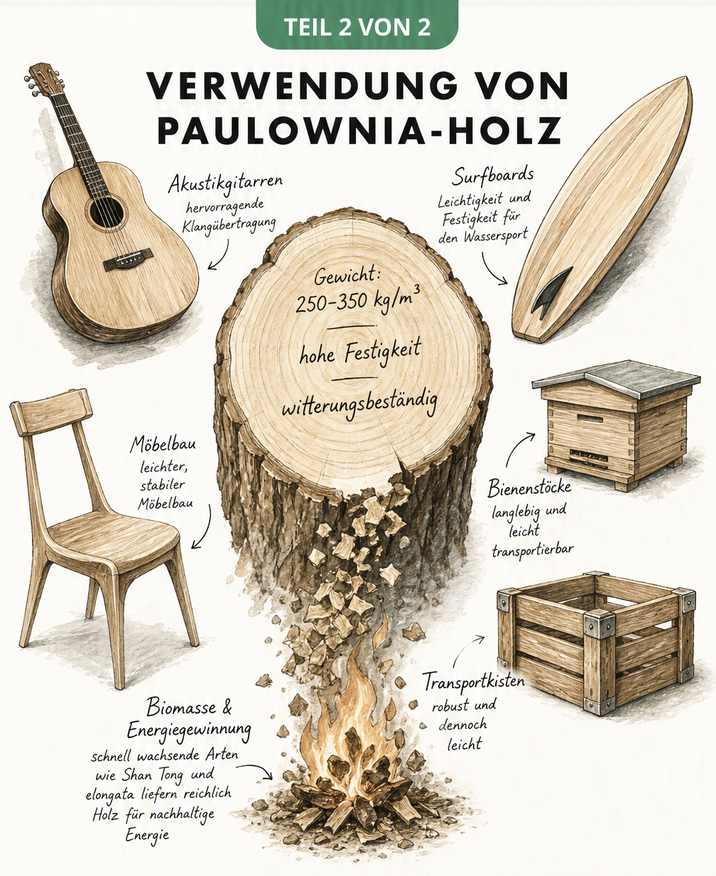 Skizze eines Paulownia-Holzstamms mit daraus entstehenden Produkten wie Gitarre, Surfbrett und Bienenstock