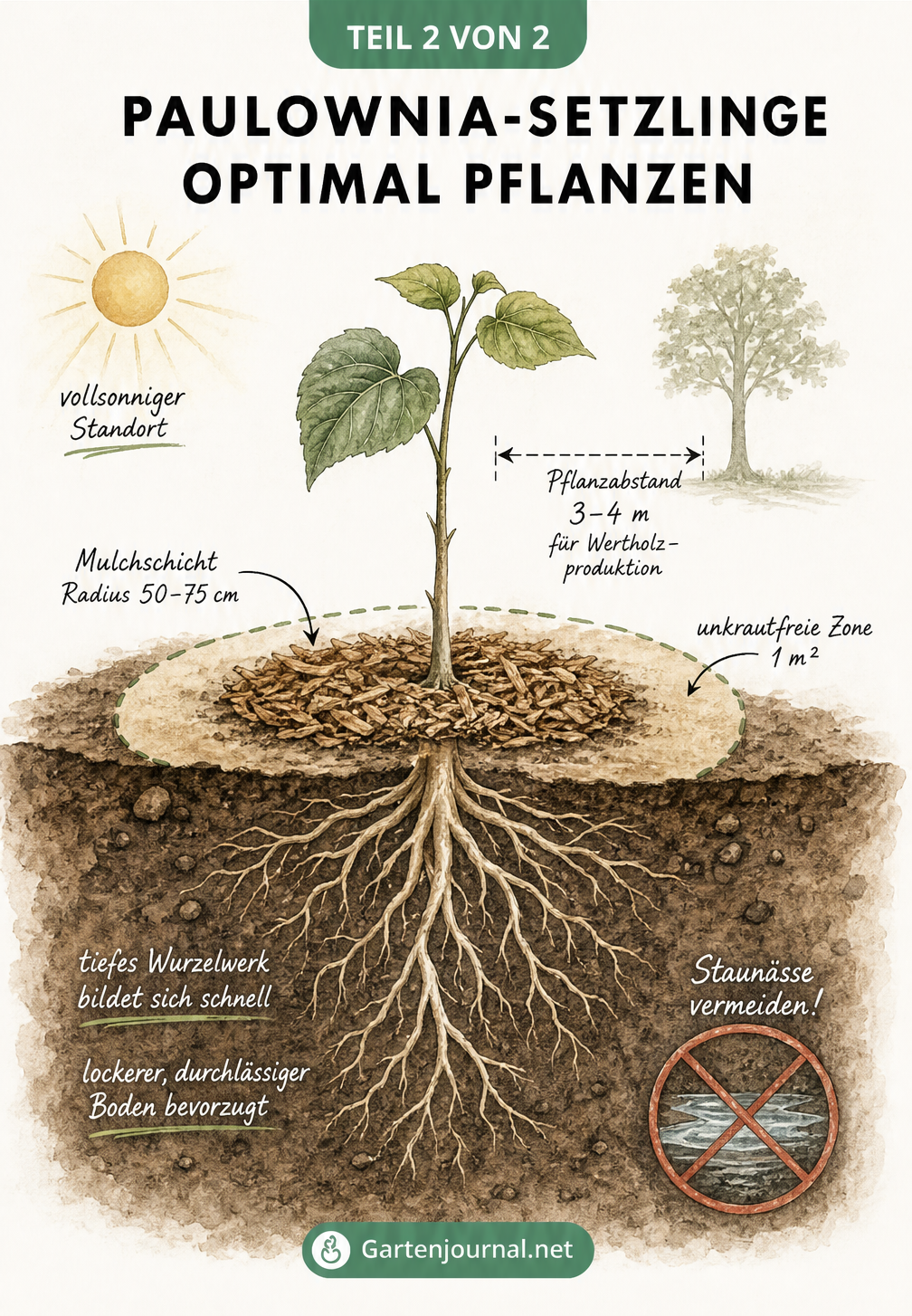 Schnittzeichnung des Bodens mit frisch gepflanztem Paulownia-Setzling, Sonne für Standort, Mulchschicht, Pflanzabstand und tiefem Wurzelwerk ohne Staunässe.