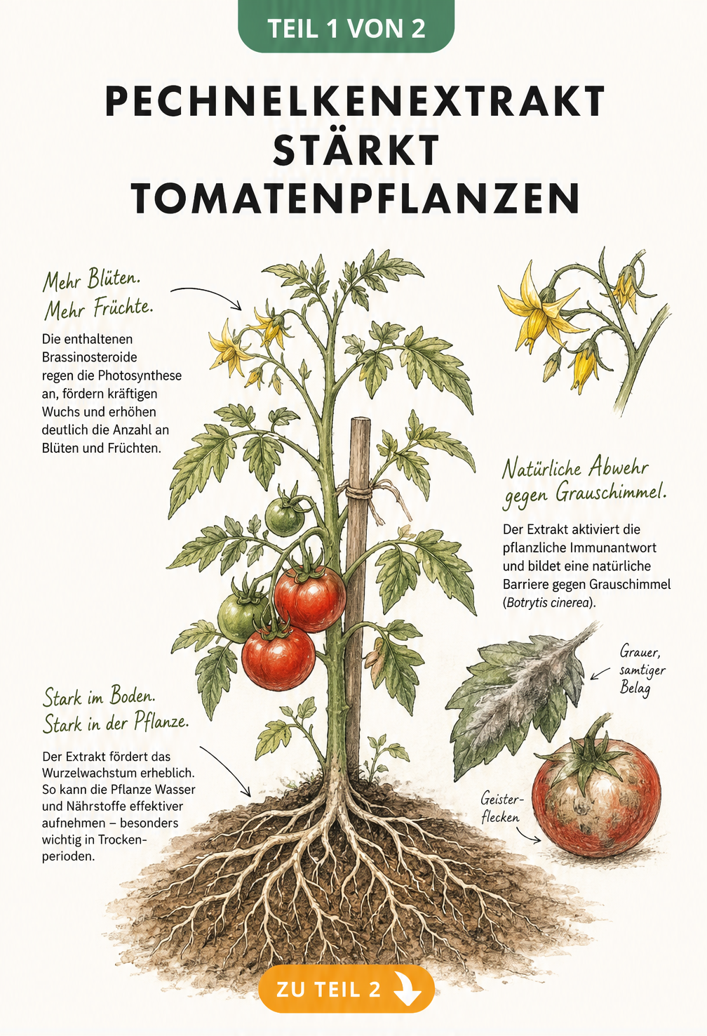 Botanische Illustration einer Tomatenpflanze, die die stärkende Wirkung von Pechnelkenextrakt auf Blüten, Früchte und Wurzeln zeigt.