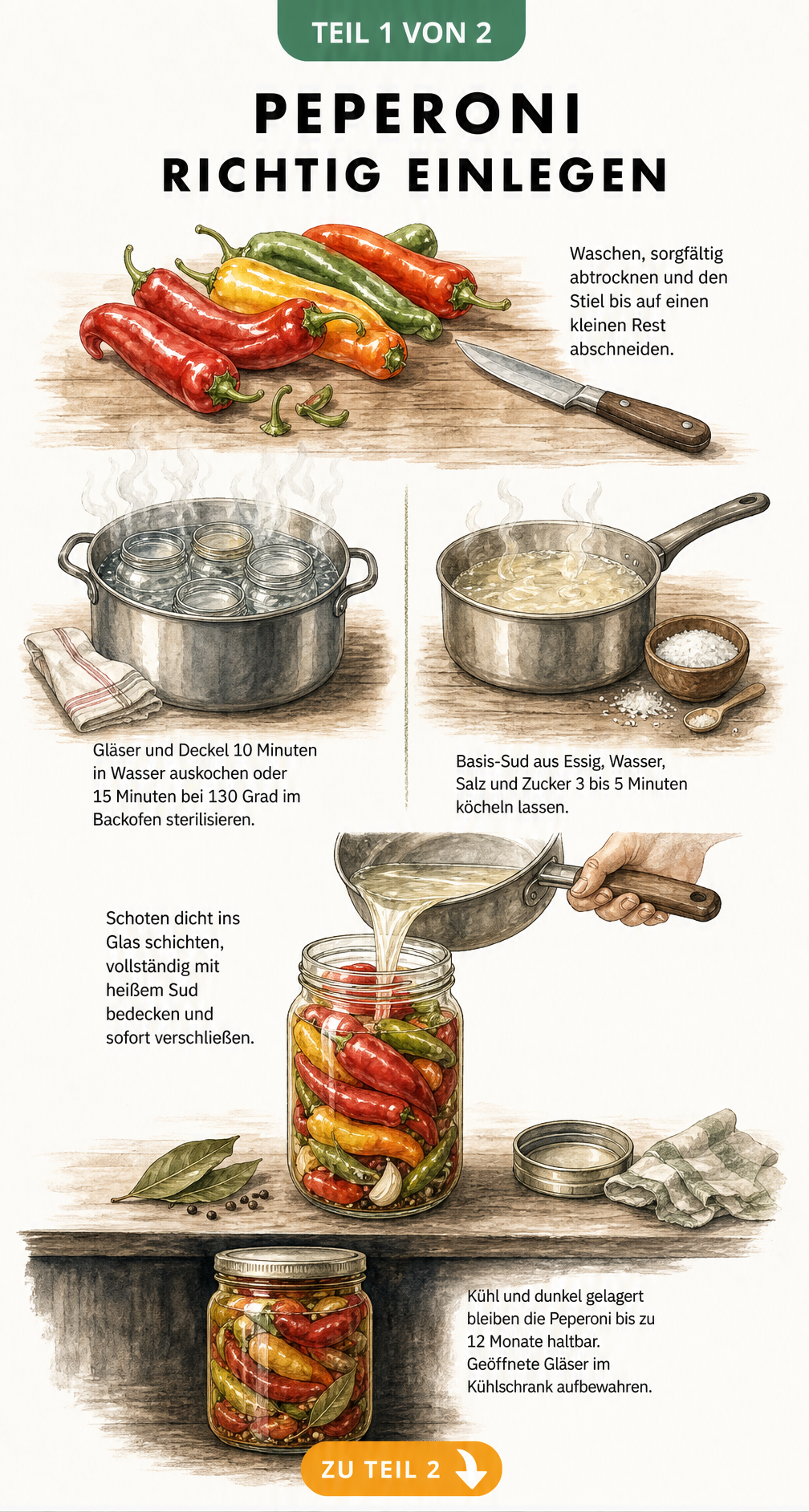 Illustration der Schritte zum Peperoni einlegen: Waschen, Gläser sterilisieren, Sud kochen und abfüllen