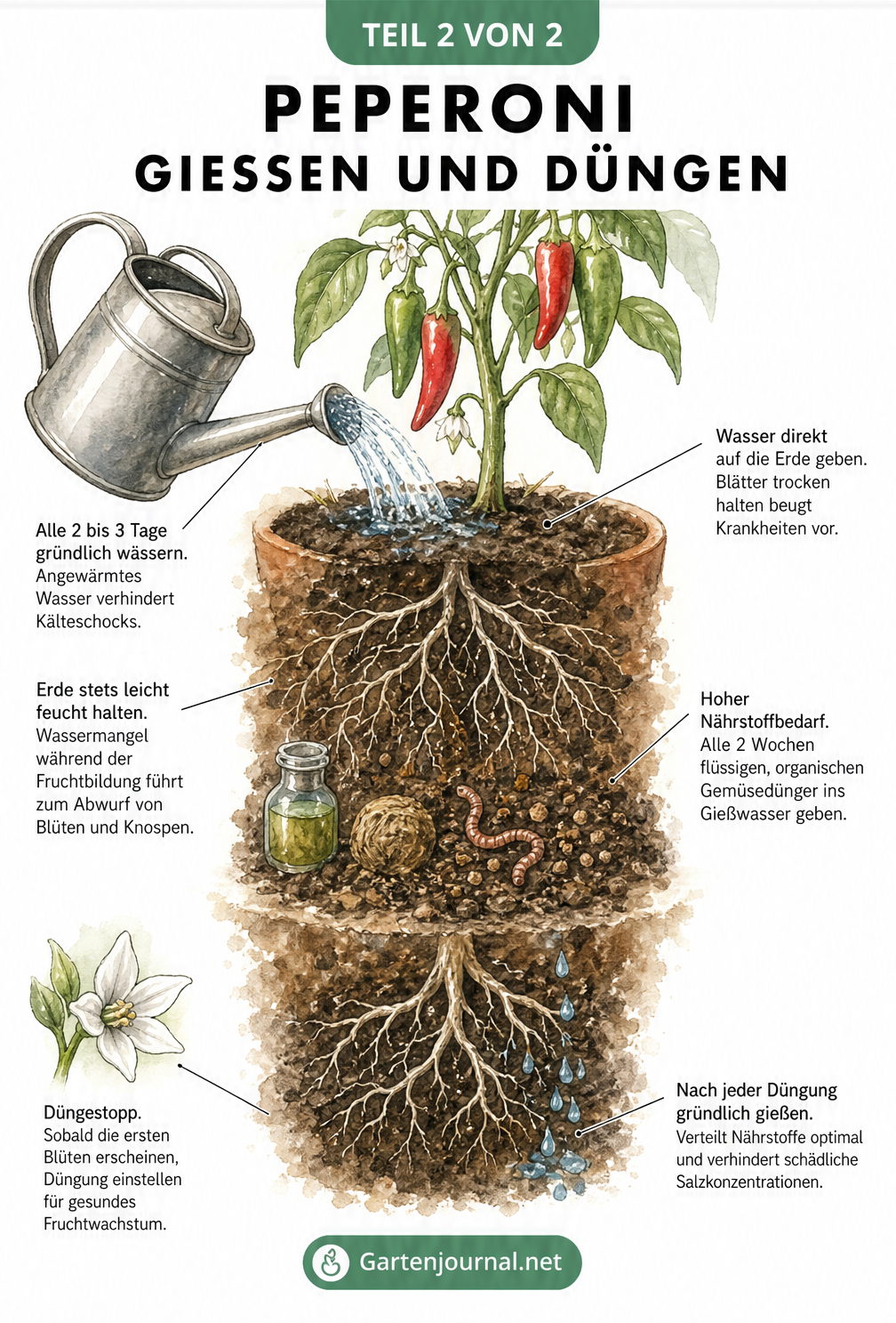 Illustration zur Bewässerung und Düngung von Peperoni-Pflanzen mit Gießkanne und Wurzelwerk