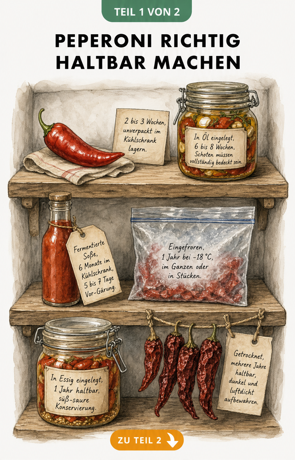 Illustration einer Vorratskammer mit Peperoni, die nach Haltbarkeit geordnet sind: frisch, in Öl, fermentiert, eingefroren, in Essig und getrocknet.