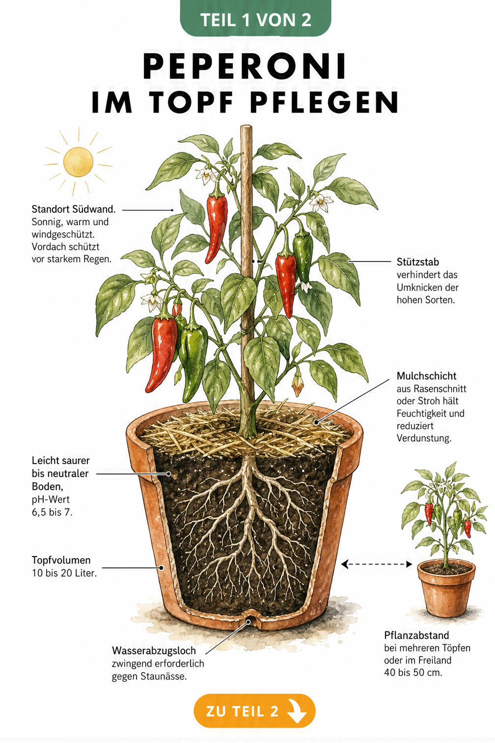 Botanische Illustration einer Peperoni-Pflanze im Terrakotta-Topf mit Pflegehinweisen zu Standort, Erde und Pflanzabstand