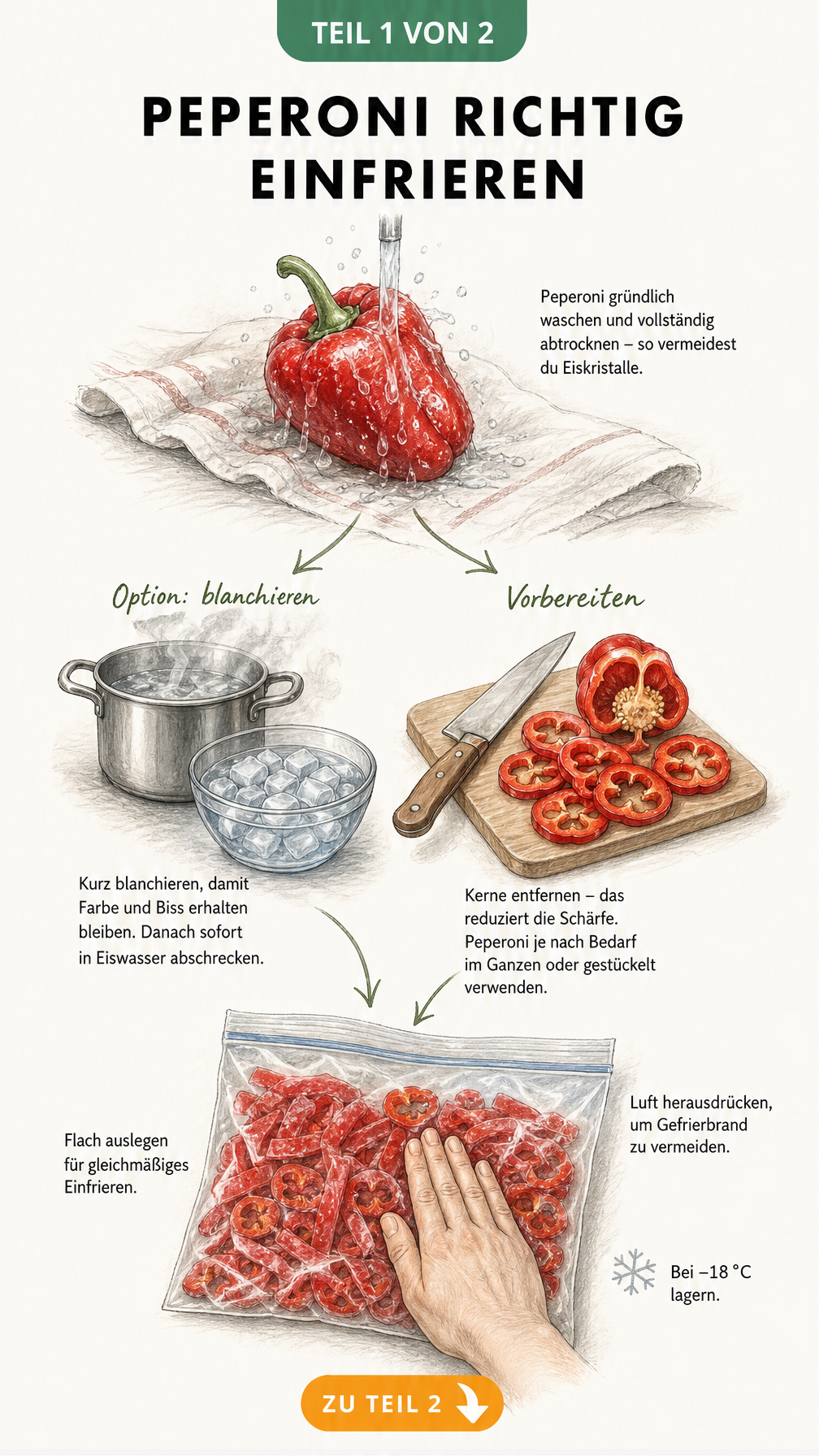 Illustration der Schritte zum Einfrieren von Peperoni: Waschen, Abtrocknen, Blanchieren, Schneiden und luftdichtes Verpacken im Gefrierbeutel.
