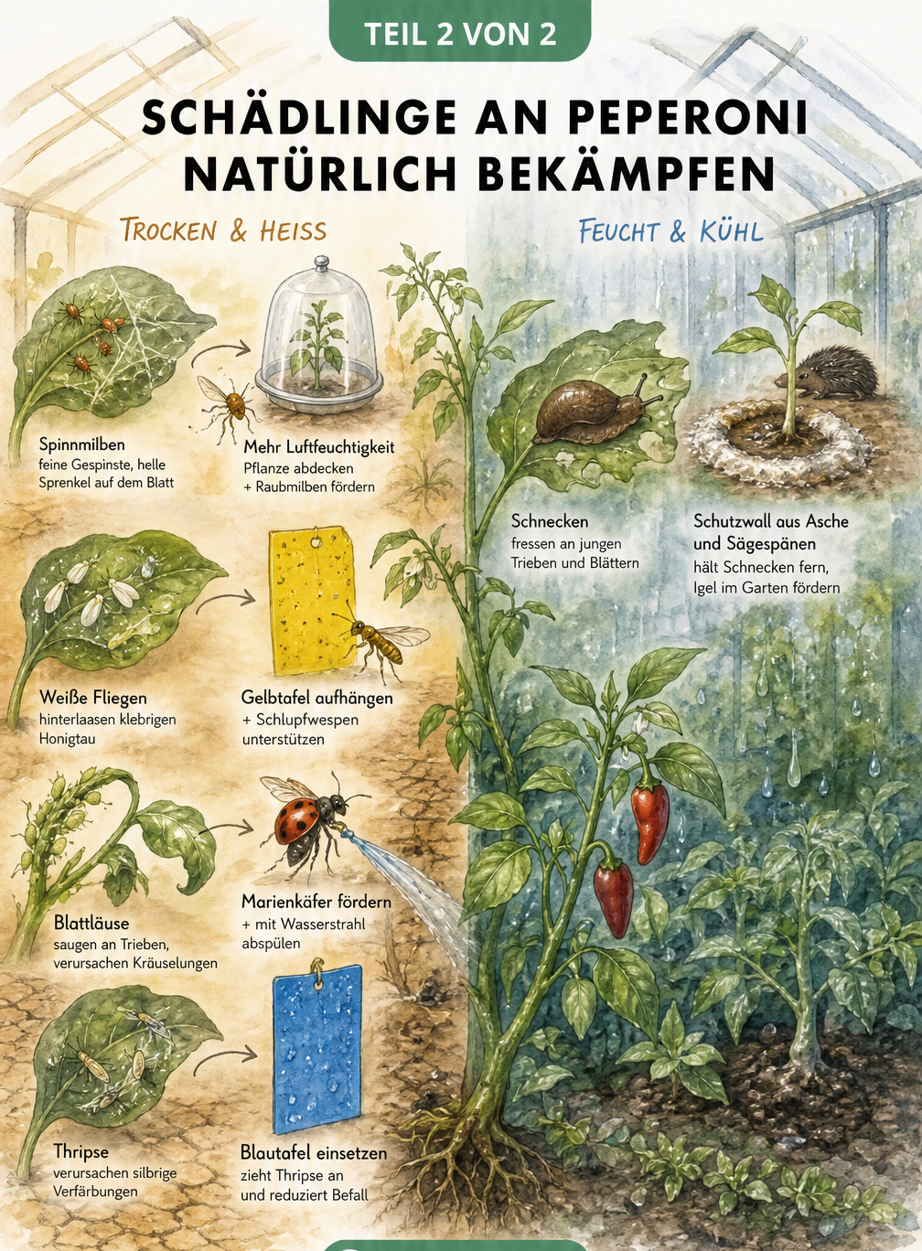 Aquarell-Illustration eines Gewächshauses, die Schädlinge an Peperoni wie Spinnmilben, Weiße Fliegen, Blattläuse, Thripse und Schnecken sowie deren natürliche...