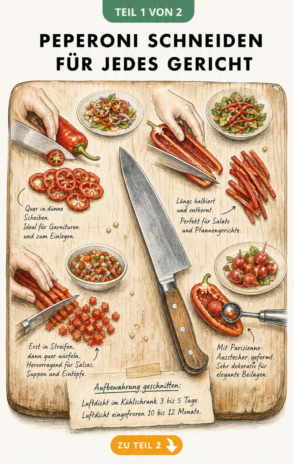 Illustration verschiedener Schnitttechniken für Peperoni auf einem Holzbrett mit Kochmesser