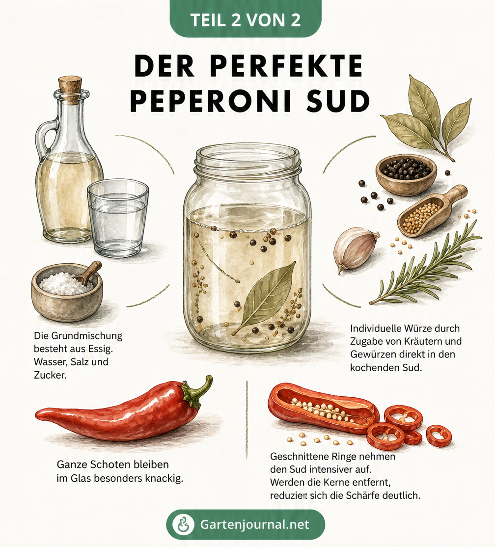Botanische Illustration eines Einmachglases mit Peperoni, umgeben von Zutaten wie Essig, Salz, Zucker und Gewürzen