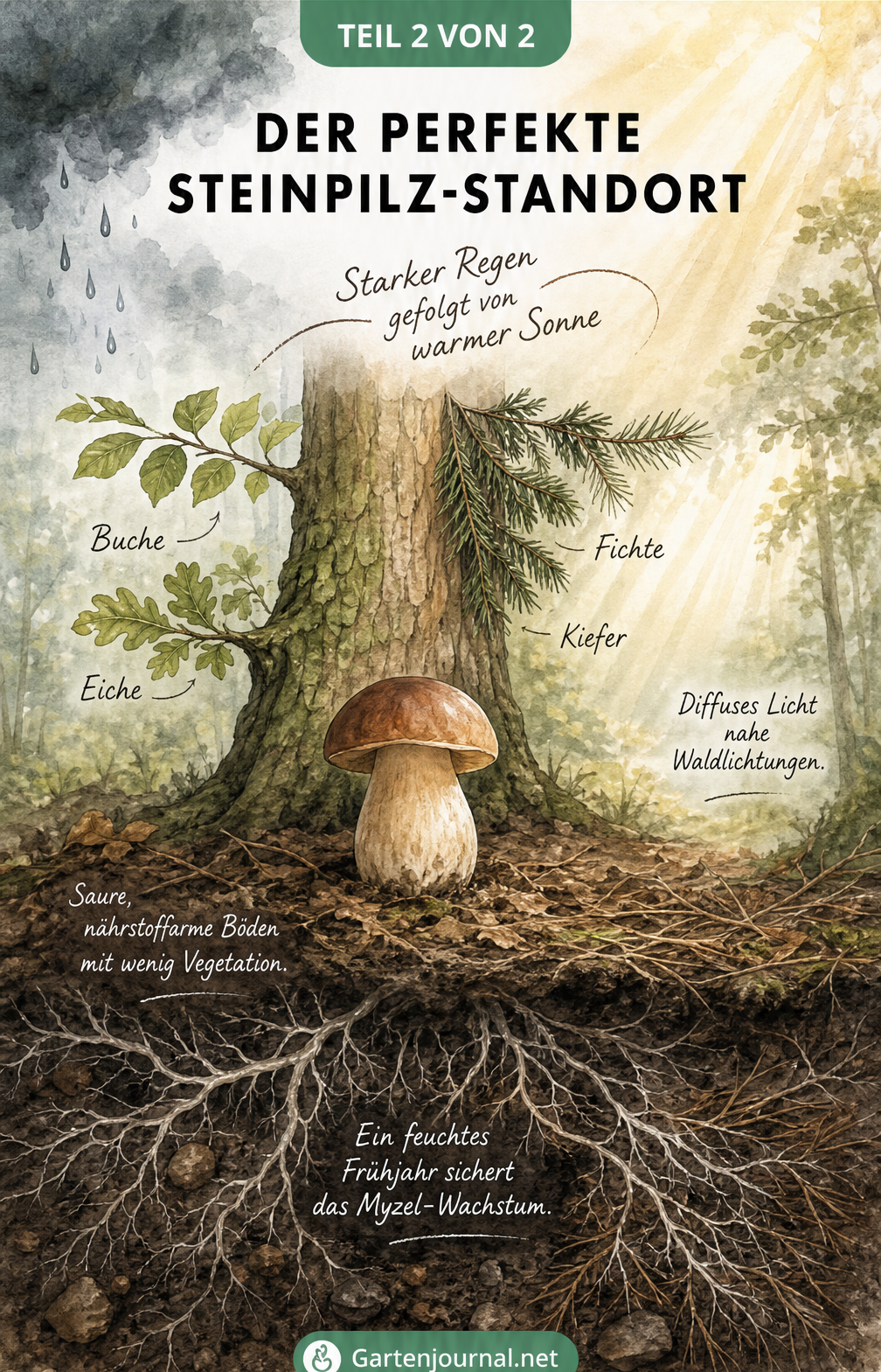 Querschnitt eines Waldbodens mit Steinpilz, der die idealen Bedingungen wie Regen, Sonne und sauren Boden zeigt