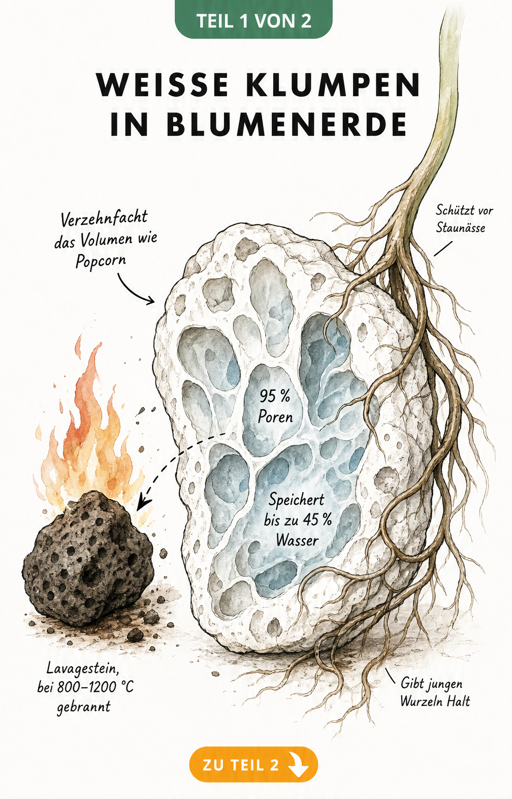 Illustration eines aufgeschnittenen Perlit-Korns neben Lavagestein, das die Wasserspeicherung und Wurzelbildung zeigt