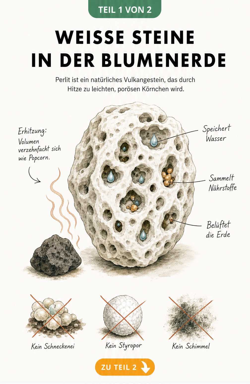 Detailansicht eines weißen Perlit-Steins mit Hohlräumen, der Wasser und Nährstoffe speichert, im Vergleich zu Vulkangestein.
