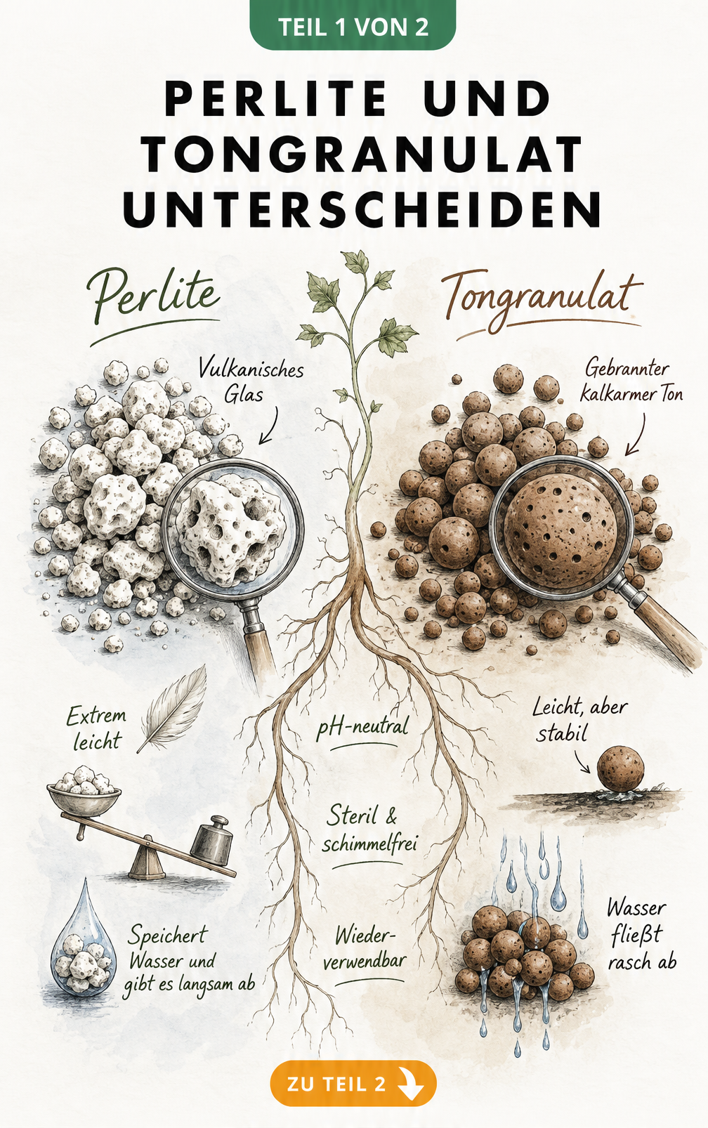 Illustration der Unterschiede zwischen Perlite und Tongranulat mit Lupen-Ausschnitten der Struktur