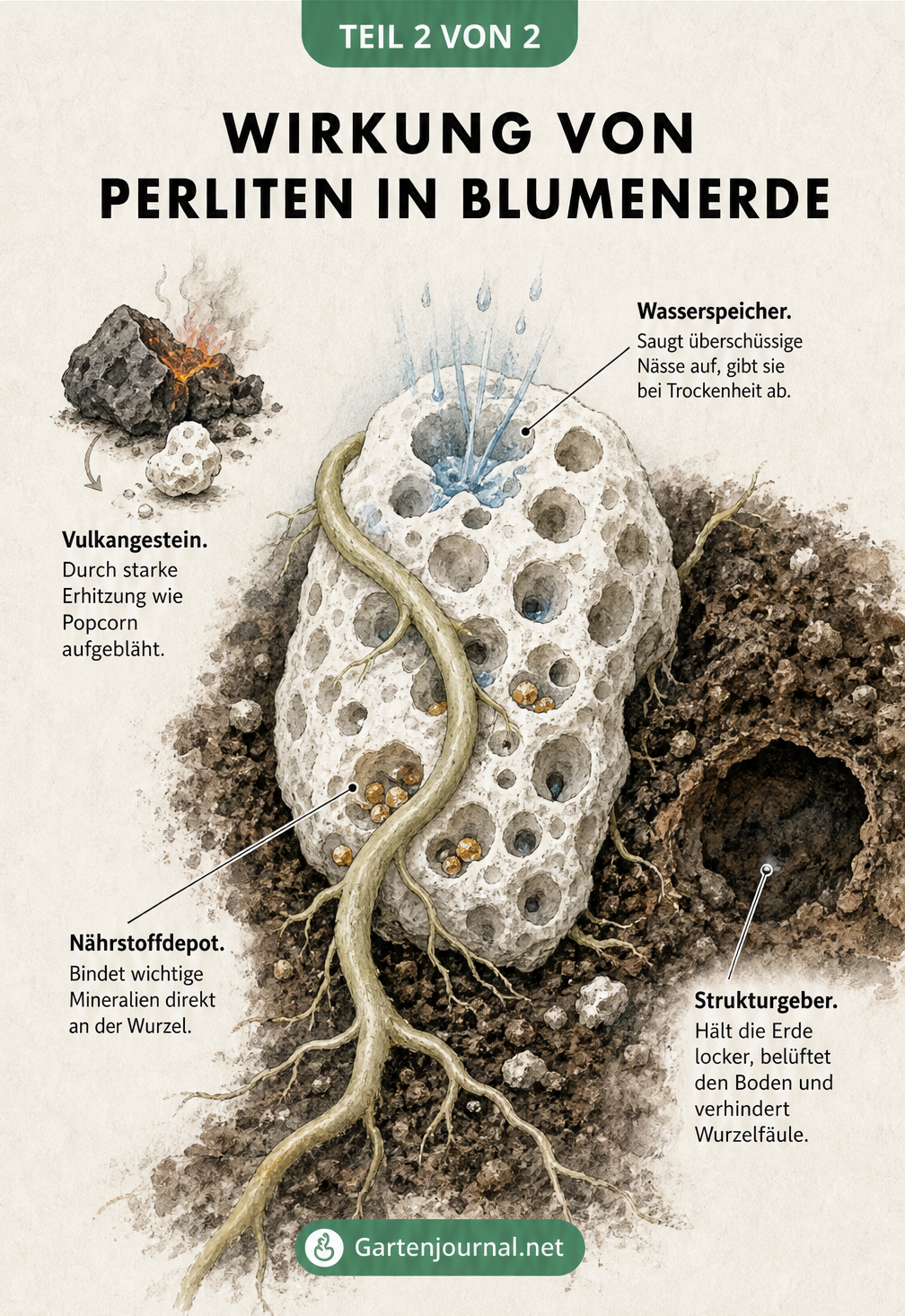 Makro-Illustration eines Perlit-Korns in der Erde, das Wasser und Nährstoffe speichert und den Boden auflockert.