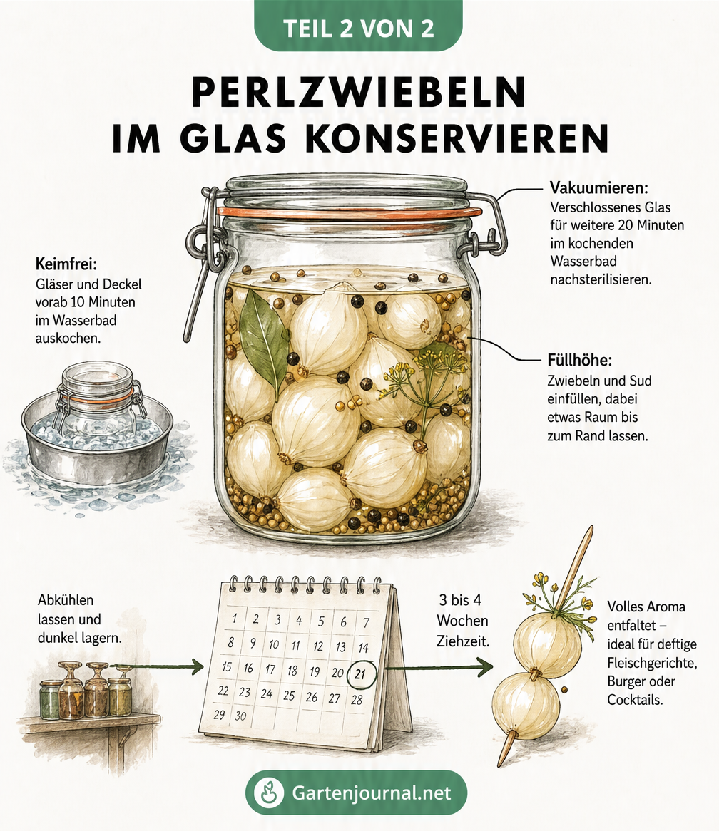 Schnittzeichnung eines Einmachglases mit Perlzwiebeln, Sud und Gewürzen sowie einem Zeitstrahl zur Reifezeit.