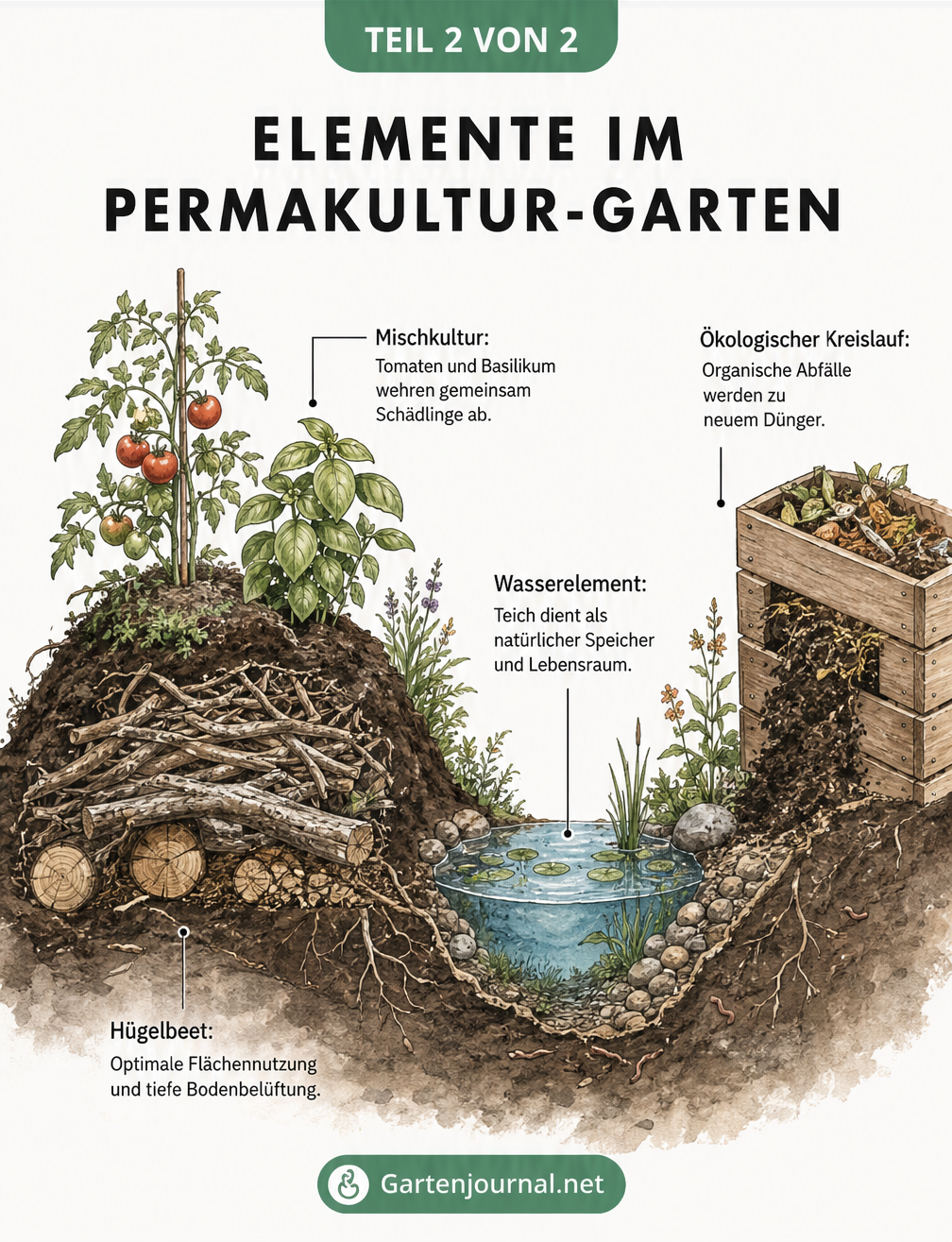 Querschnitt eines Permakultur-Beetes mit Hügelbeet, Mischkultur, Teich und Kompost