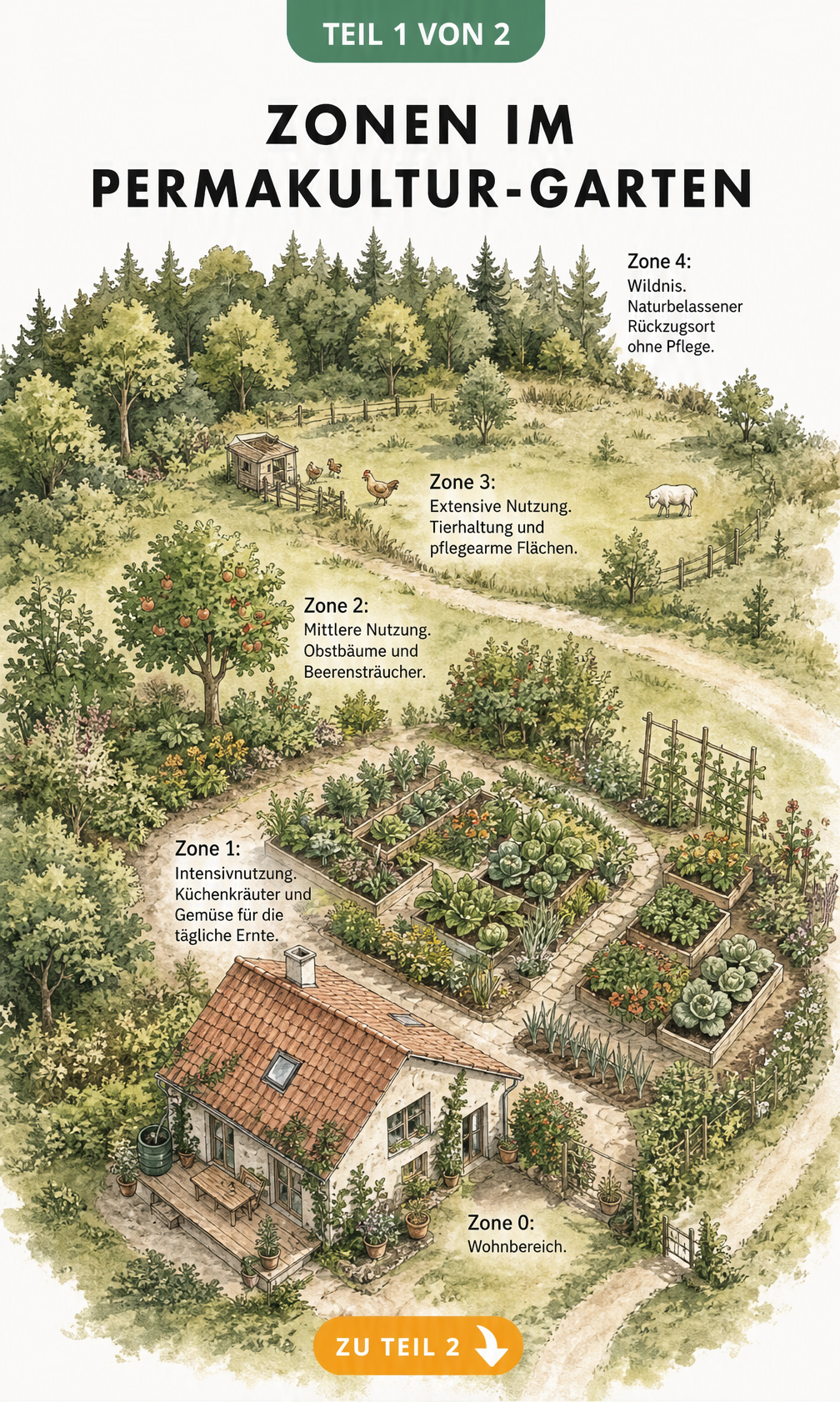 Illustration der Zonen im Permakultur-Garten von Wohnbereich bis Wildnis