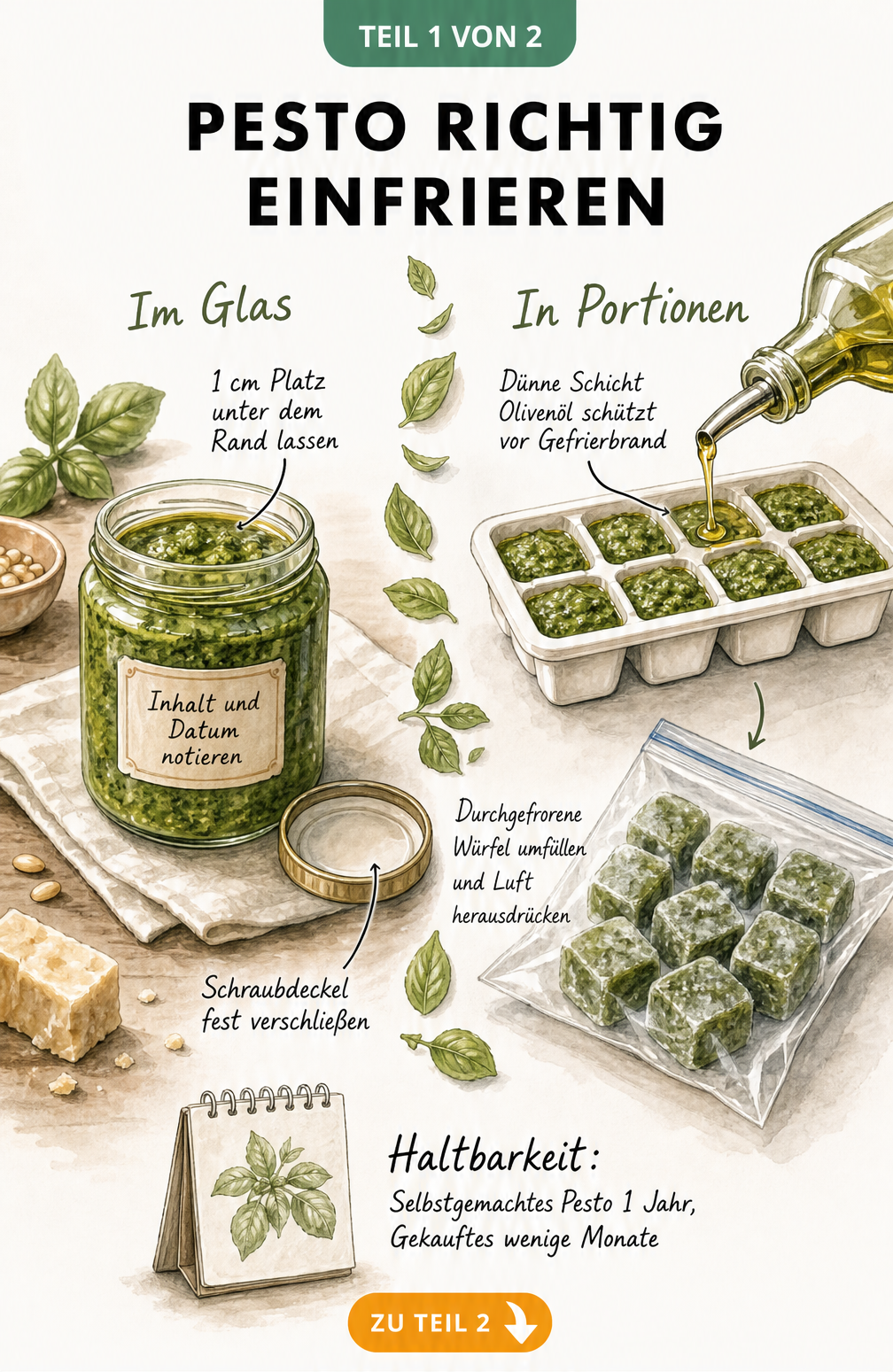 Illustration von zwei Methoden zum Einfrieren von Pesto: im Einmachglas und in der Eiswürfelform portioniert.