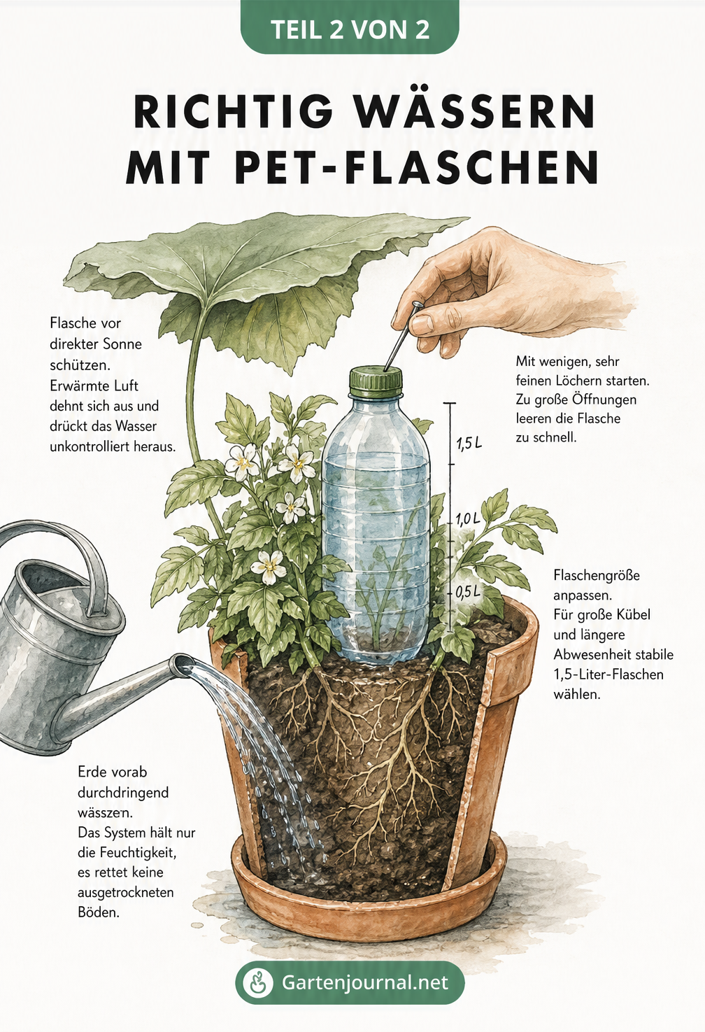 Zeichnung einer Kübelpflanze mit PET-Flaschen-Bewässerung, die wichtige Tipps zeigt: Erde vorab wässern, feine Löcher stechen, Flaschengröße anpassen und vor...