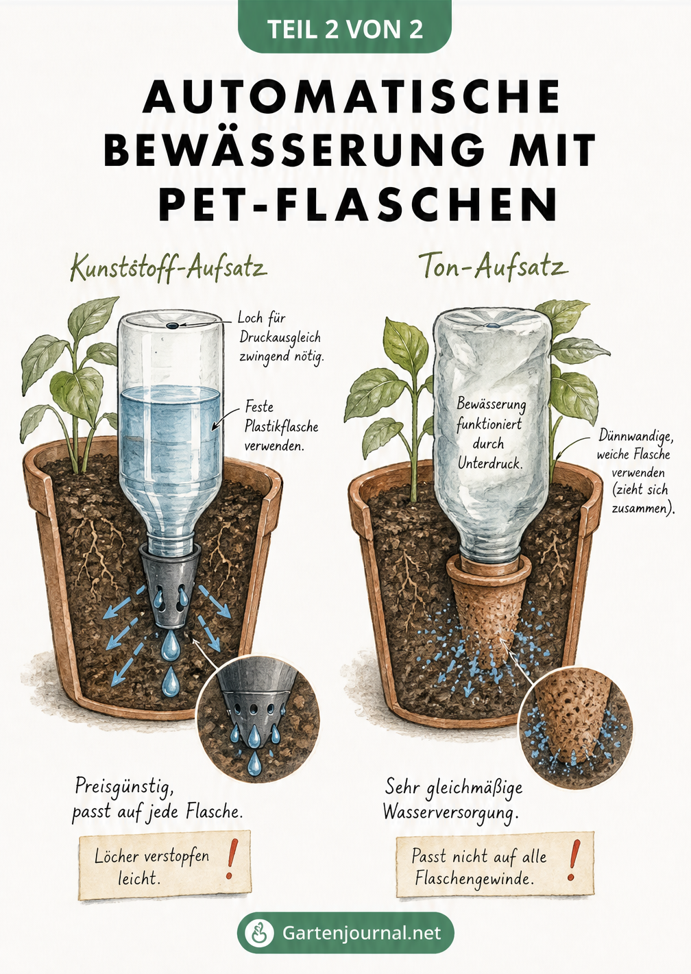 Vergleich von zwei Bewässerungssystemen mit PET-Flaschen: Kunststoff-Aufsatz mit Tropflöchern und Ton-Aufsatz für gleichmäßige Wasserabgabe.