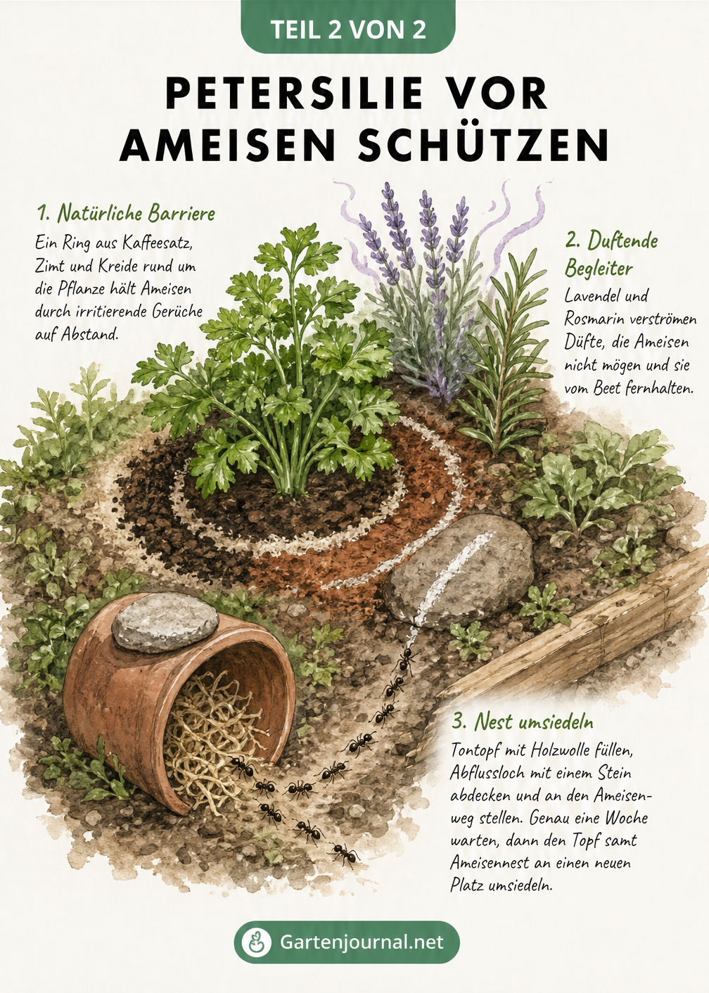 Aquarell-Illustration eines Gartenbeets mit Petersilie, geschützt durch Kaffeesatz, Lavendel und einen Tontopf zur Ameisen-Umsiedlung.