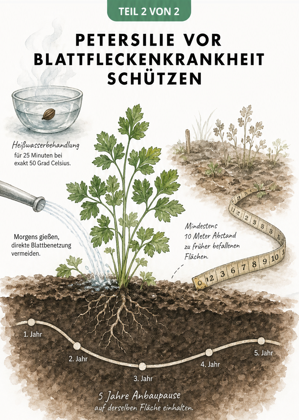 Querschnitt eines Gartenbeets mit gesunder Petersilie, richtigem Gießen und Hinweisen zu Anbaupause und Saatgutbehandlung