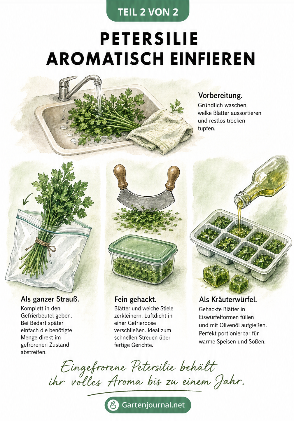 Illustration von drei Wegen, Petersilie einzufrieren: als ganzer Strauß, fein gehackt in der Dose oder als Kräuterwürfel in Öl.