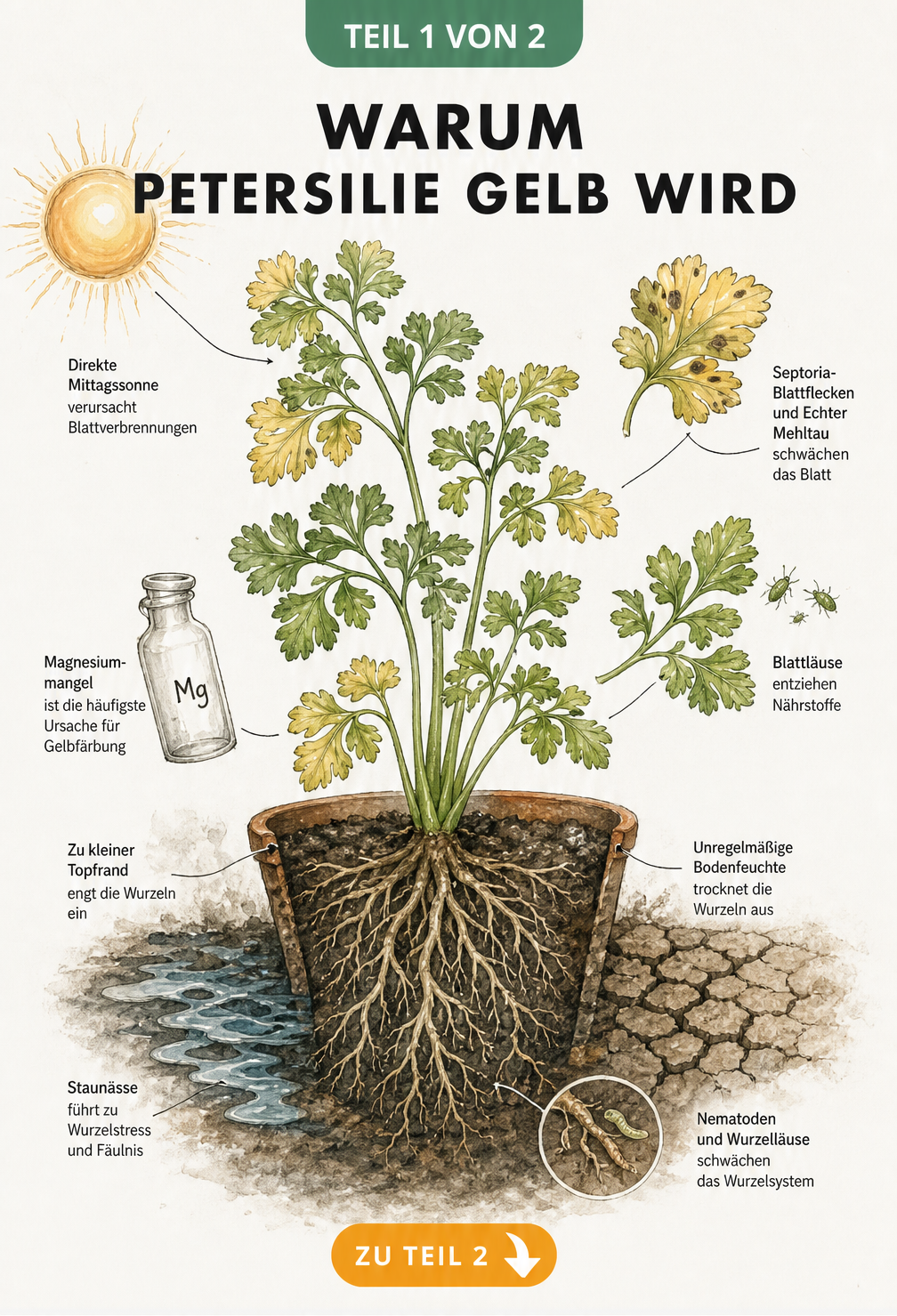 Botanische Illustration einer Petersilienpflanze im Querschnitt, die Ursachen für gelbe Blätter wie direkte Sonne, Nährstoffmangel und verdichtete Erde zeigt.