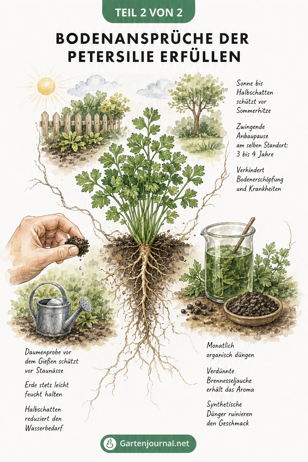Illustration einer Petersilienpflanze mit Tipps zu Standort, Gießen und Düngen
