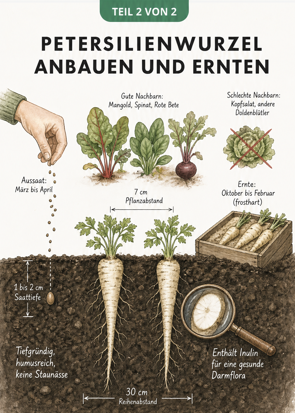 Querschnitt eines Gartenbeets mit Petersilienwurzeln, Aussaat, Pflanzabstand und Erntezeit