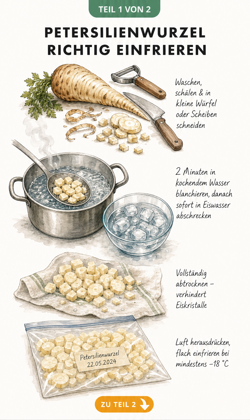 Illustration: Petersilienwurzel waschen, schälen, schneiden, blanchieren, abtrocknen und im Gefrierbeutel einfrieren