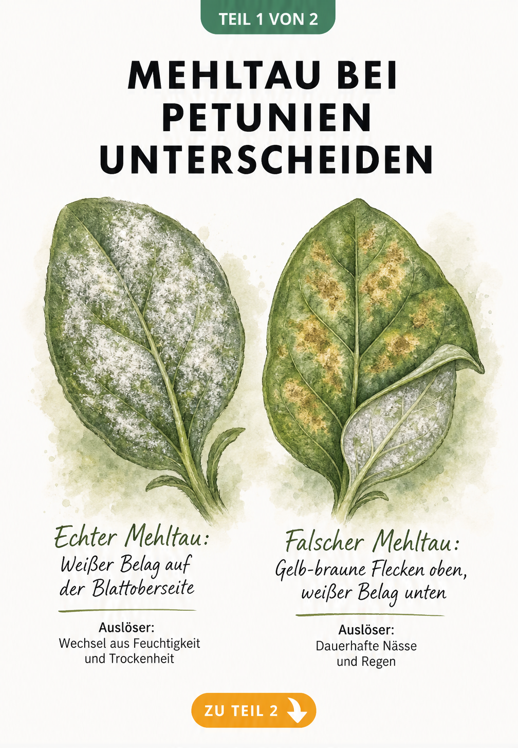 Illustration zweier Petunienblätter im Vergleich: Echter Mehltau mit weißem Belag oben und Falscher Mehltau mit Flecken oben und Belag unten