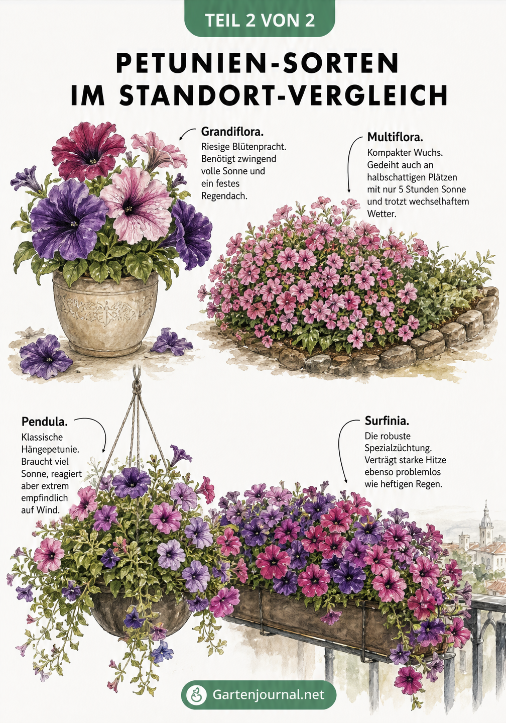 Aquarell-Illustration von vier Petunien-Sorten: Grandiflora, Multiflora, Pendula und Surfinia im Standort-Vergleich
