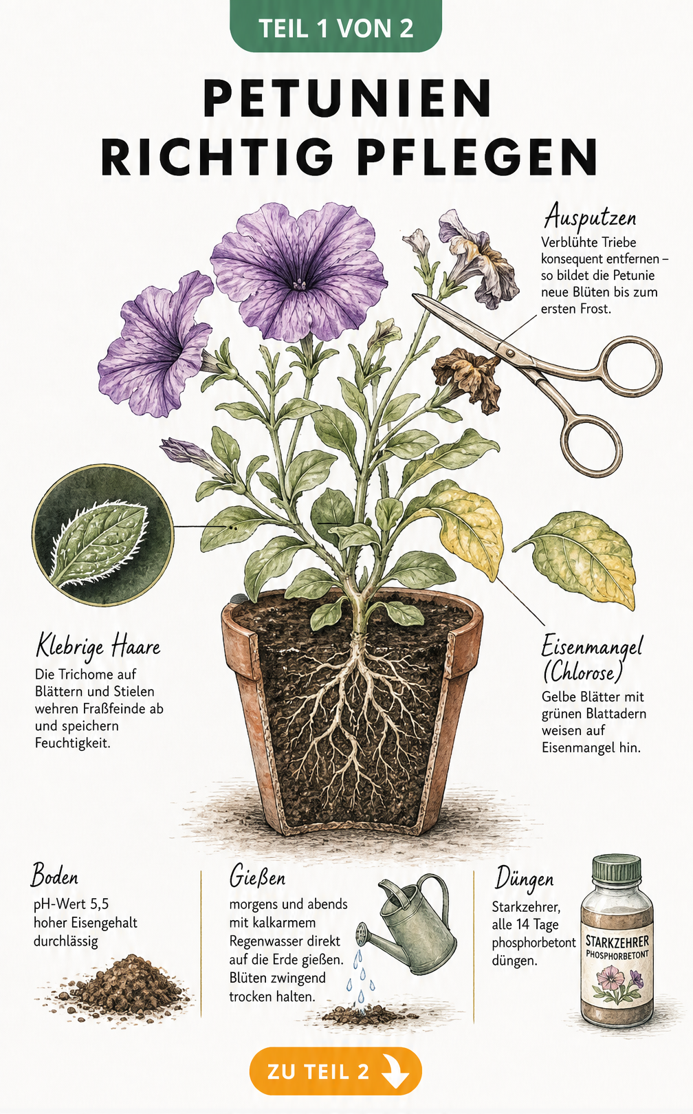 Illustration der vier Hauptgruppen von Petunien im Vergleich: Grandiflora, Multiflora, NanaCompacta und Pendula mit Wuchshöhen und Blütengrößen.