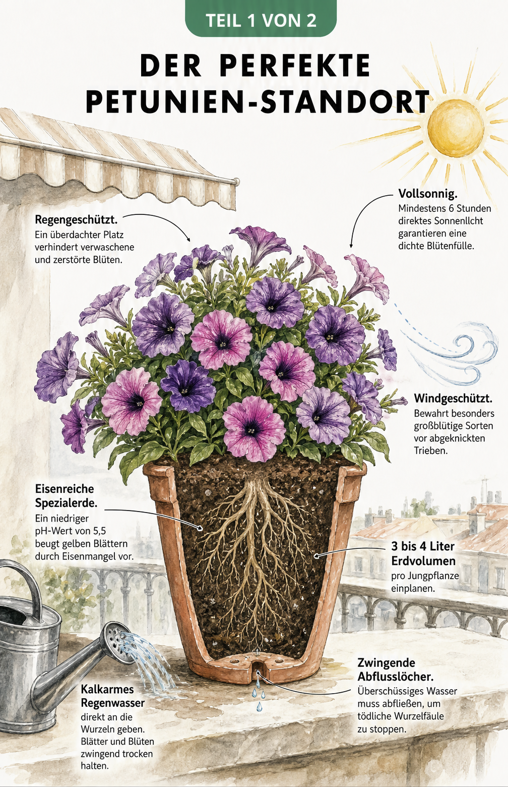 Illustration einer blühenden Petunie im Terrakotta-Kübel mit Hinweisen zu Sonne, Regenschutz, Windschutz, Erde und Gießen