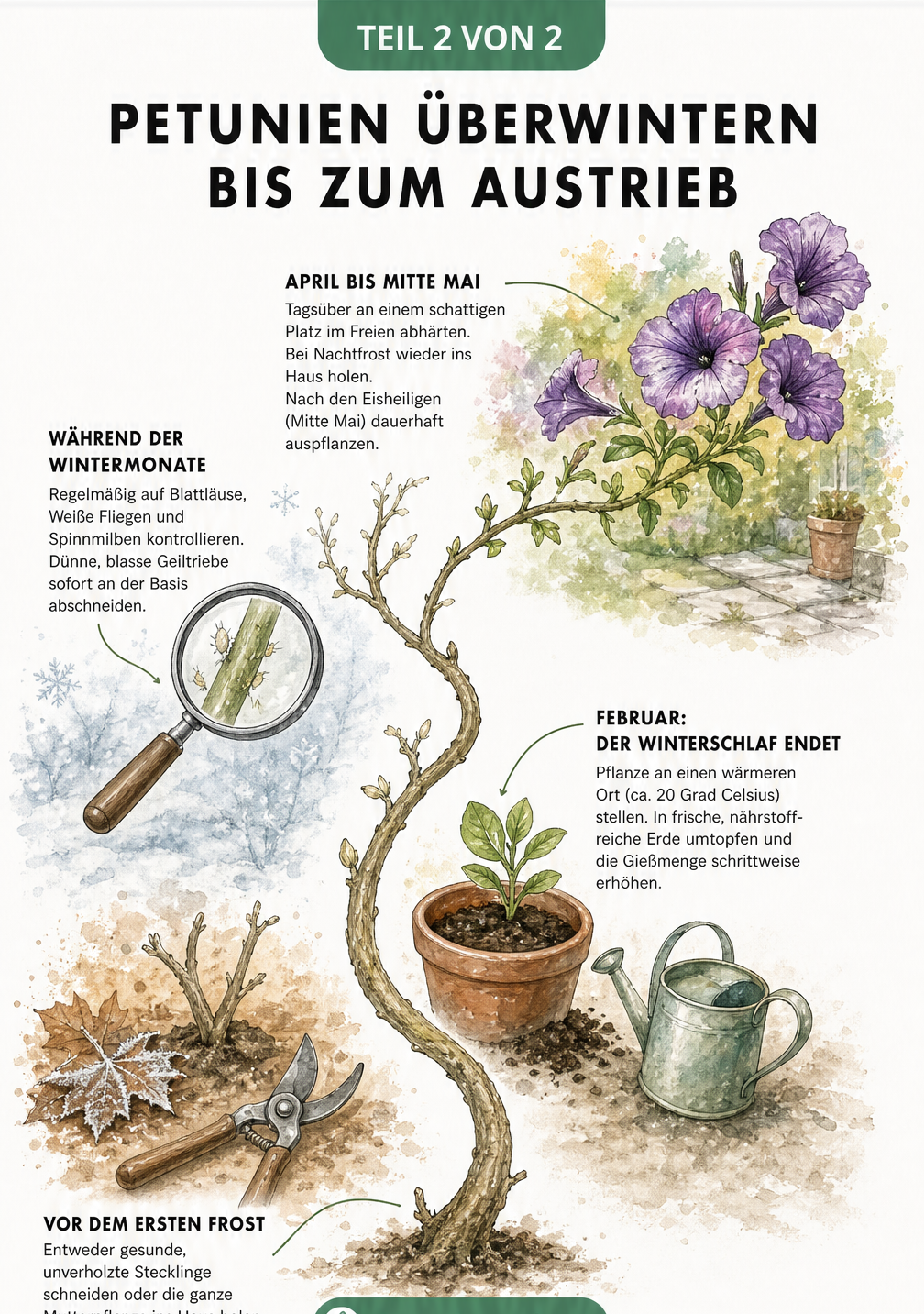 Zeitlicher Ablauf der Petunien-Überwinterung von Herbst bis Frühling mit Illustrationen der Entwicklungsphasen