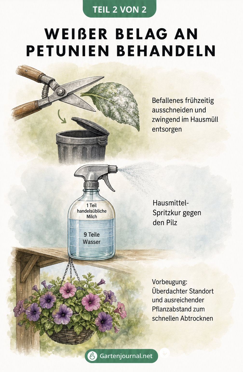 Aquarell-Illustration zur Behandlung von Mehltau an Petunien: Befallene Blätter abschneiden, Hausmittel-Spritzkur mit Milch und überdachter Standort