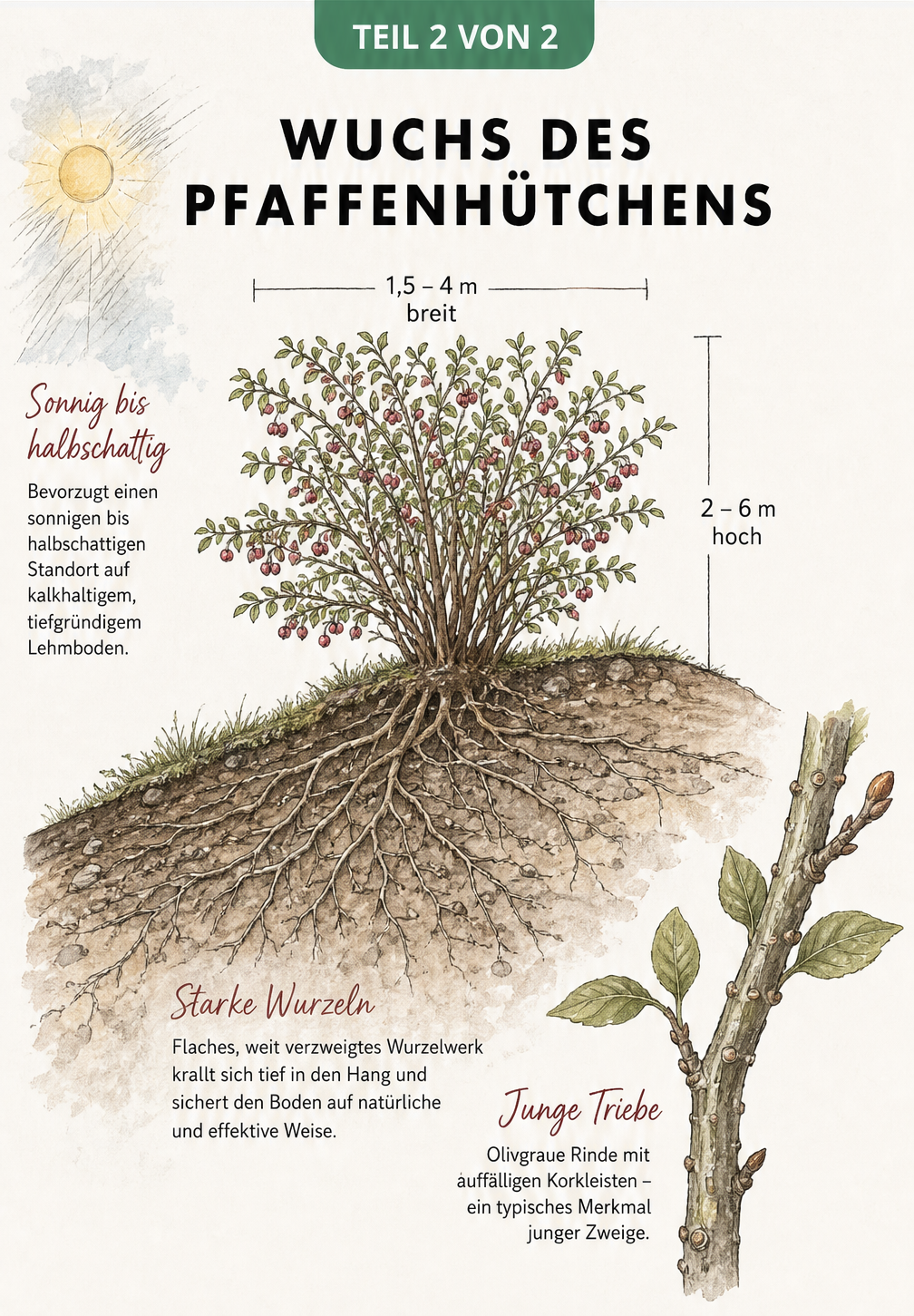 Querschnitt-Illustration des Pfaffenhütchens am Hang, die den Wuchs, das dichte Wurzelwerk zur Böschungsbefestigung und den idealen Standort zeigt