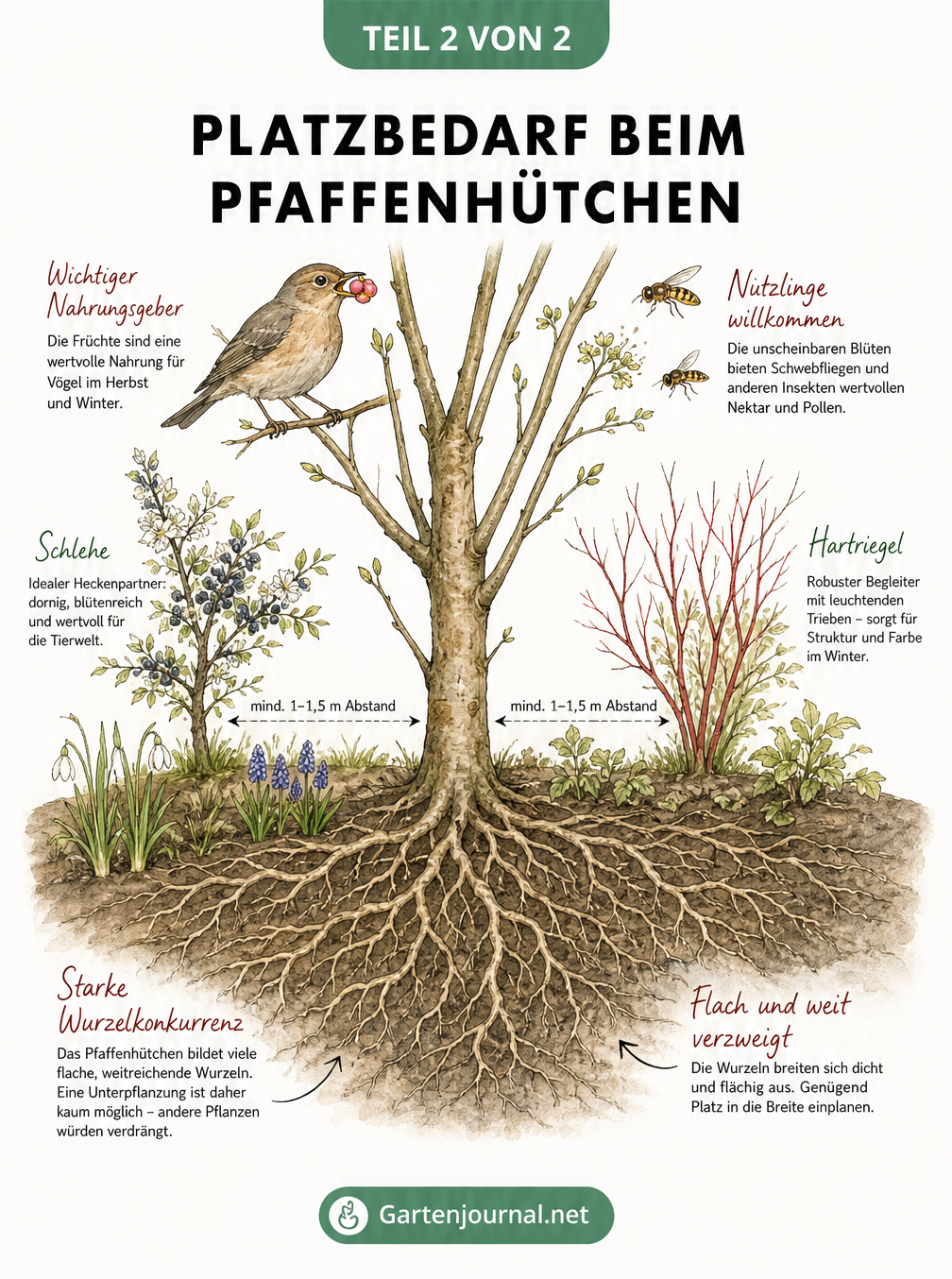Illustration des Wurzelwerks eines Pfaffenhütchens und seiner Begleitpflanzen in einer naturnahen Hecke mit Vögeln und Insekten.