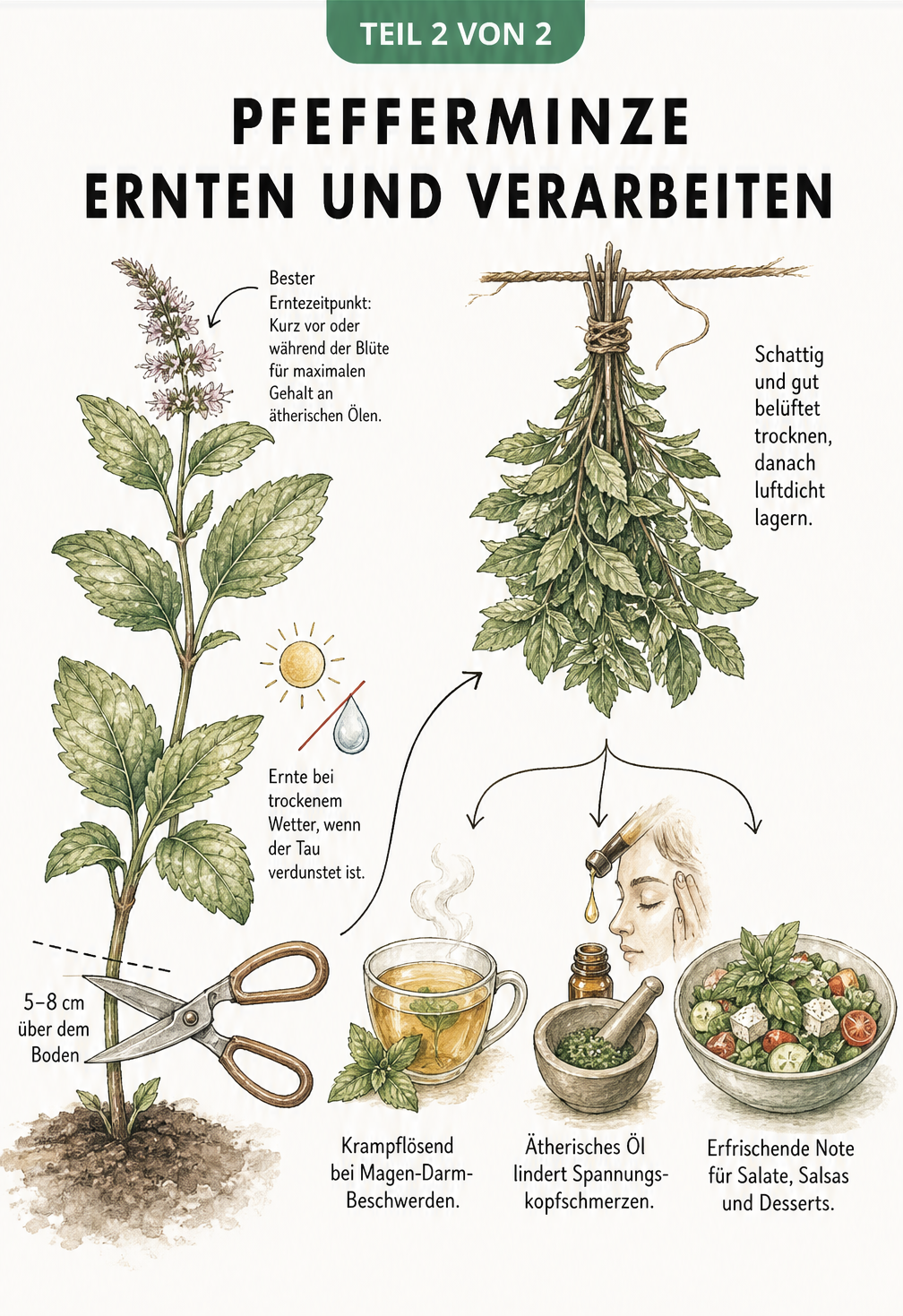 Illustration zur Ernte und Verarbeitung von Pfefferminze, inklusive Schnitt, Trocknung und Verwendung
