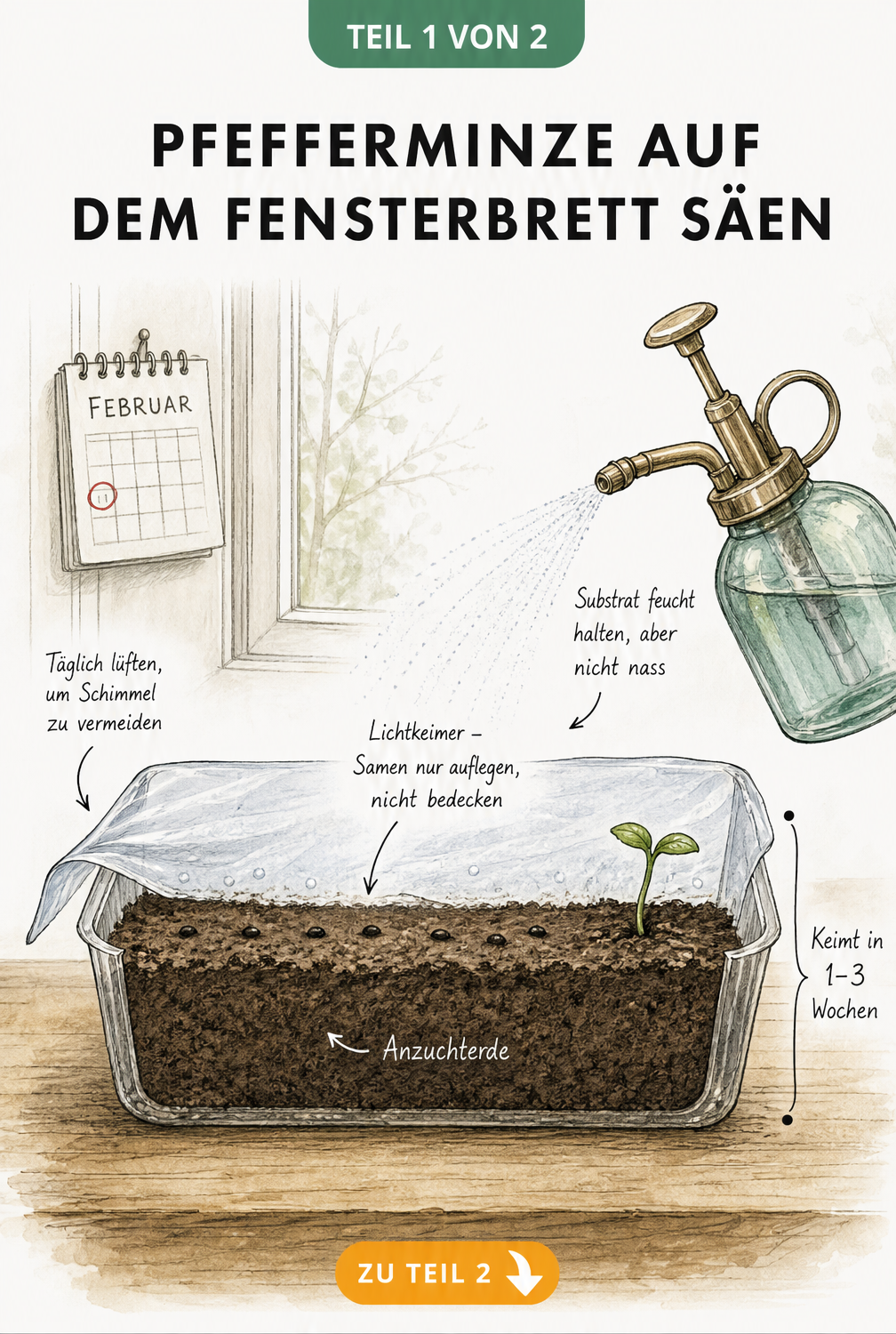 Querschnitt einer Anzuchtschale auf der Fensterbank mit Pfefferminzsamen auf der Erde, Sprühflasche und Folie