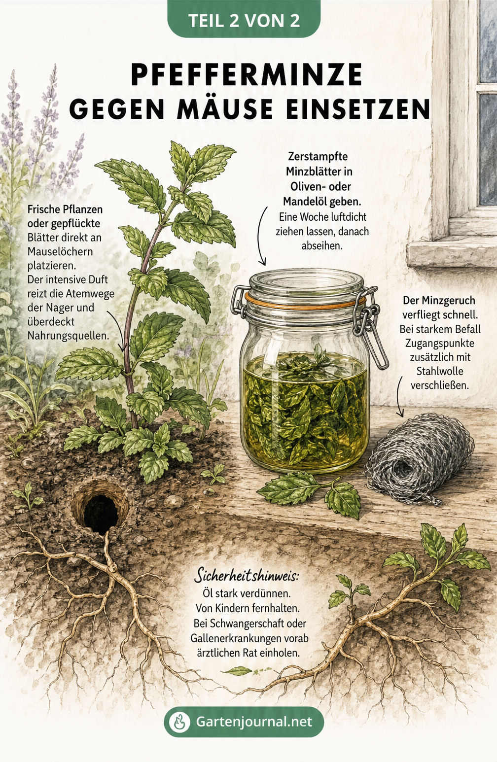 Botanische Illustration einer Pfefferminzpflanze am Mauseloch im Garten und der Herstellung von Pfefferminzöl im Einmachglas.