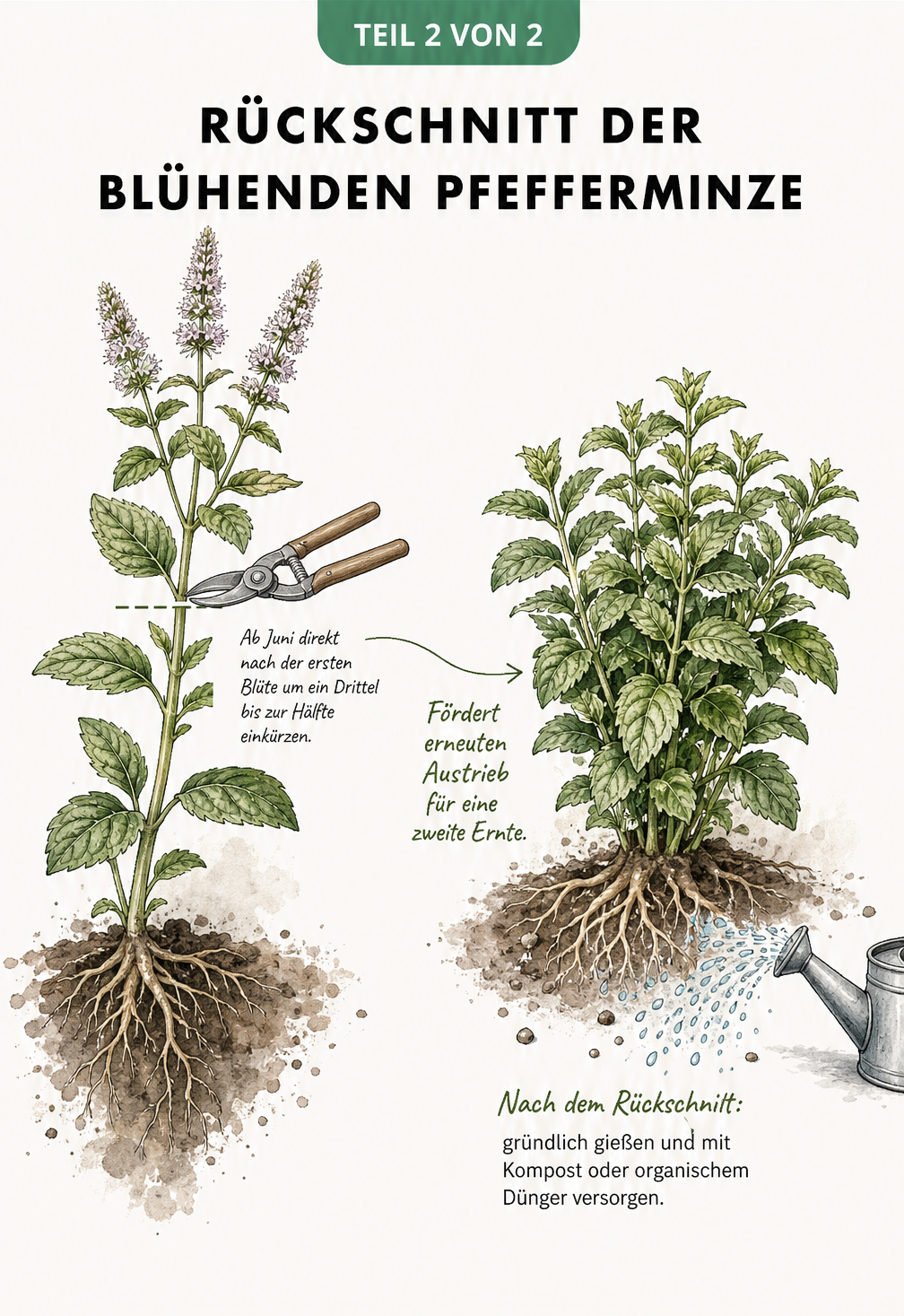 Illustration zum Rückschnitt der Pfefferminze nach der Blüte, die den Vorher-Nachher-Effekt zeigt