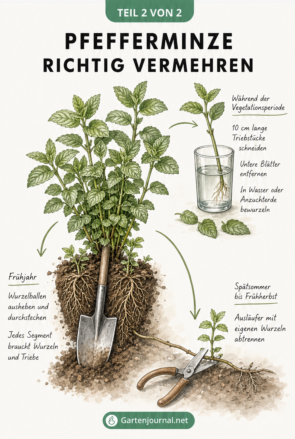 Illustration der drei Vermehrungsarten von Pfefferminze: Teilung, Ausläufer und Stecklinge