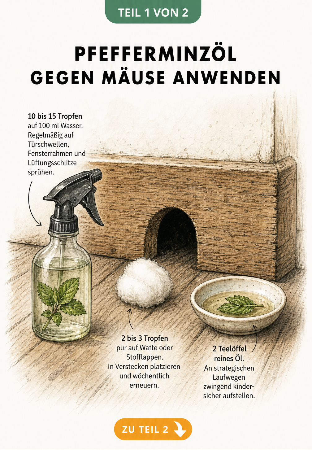 Illustration einer Fußleiste mit Mauseloch und drei Anwendungsmethoden für Pfefferminzöl: Sprühflasche, Wattebausch und Keramikschälchen.