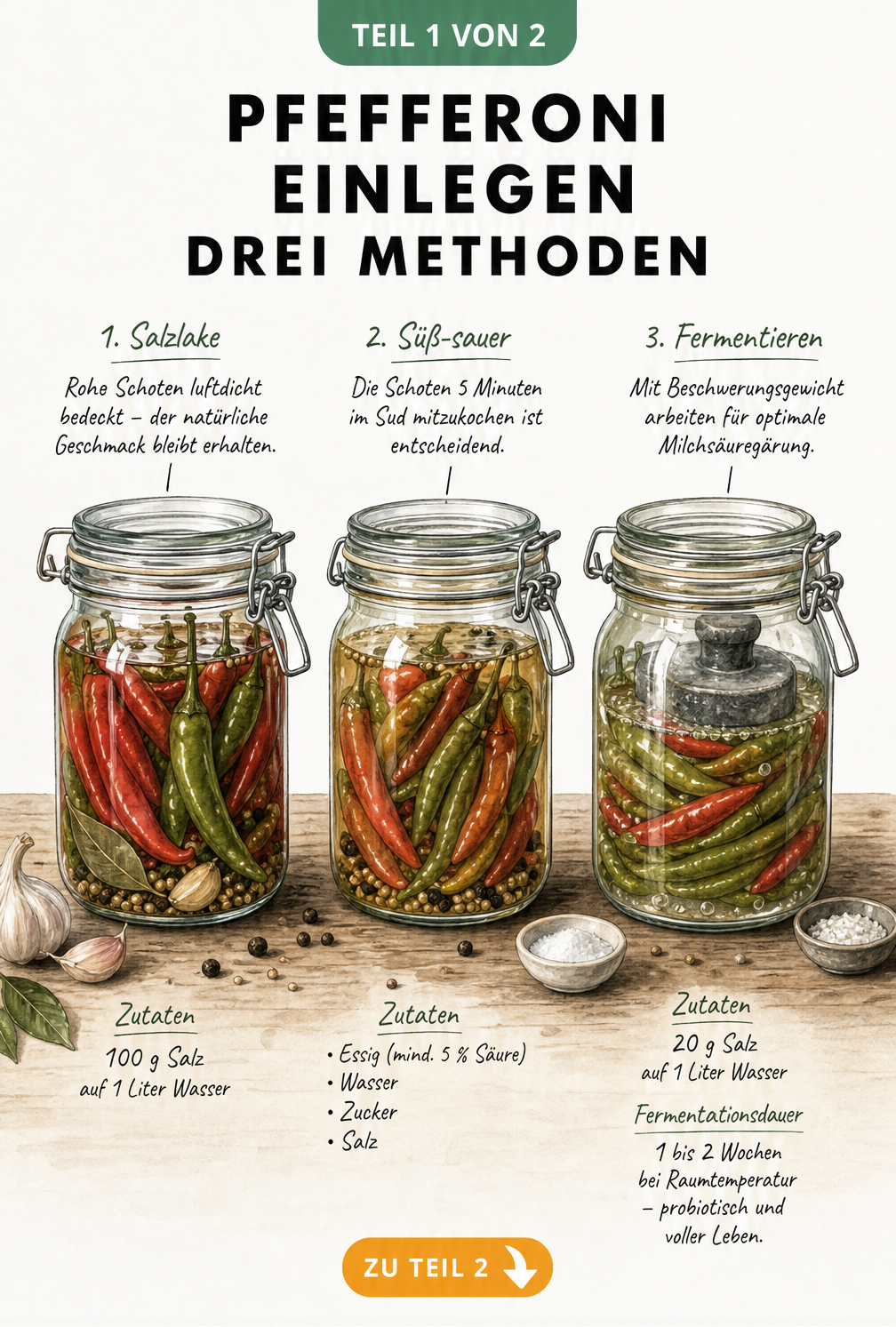 Drei illustrierte Einmachgläser mit Pfefferoni, die die Methoden Salzlake, süß-sauer und Fermentieren zeigen